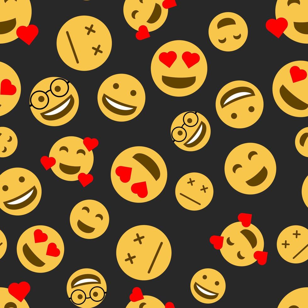 Seamless pattern with various emojis on a black background vector art illustration