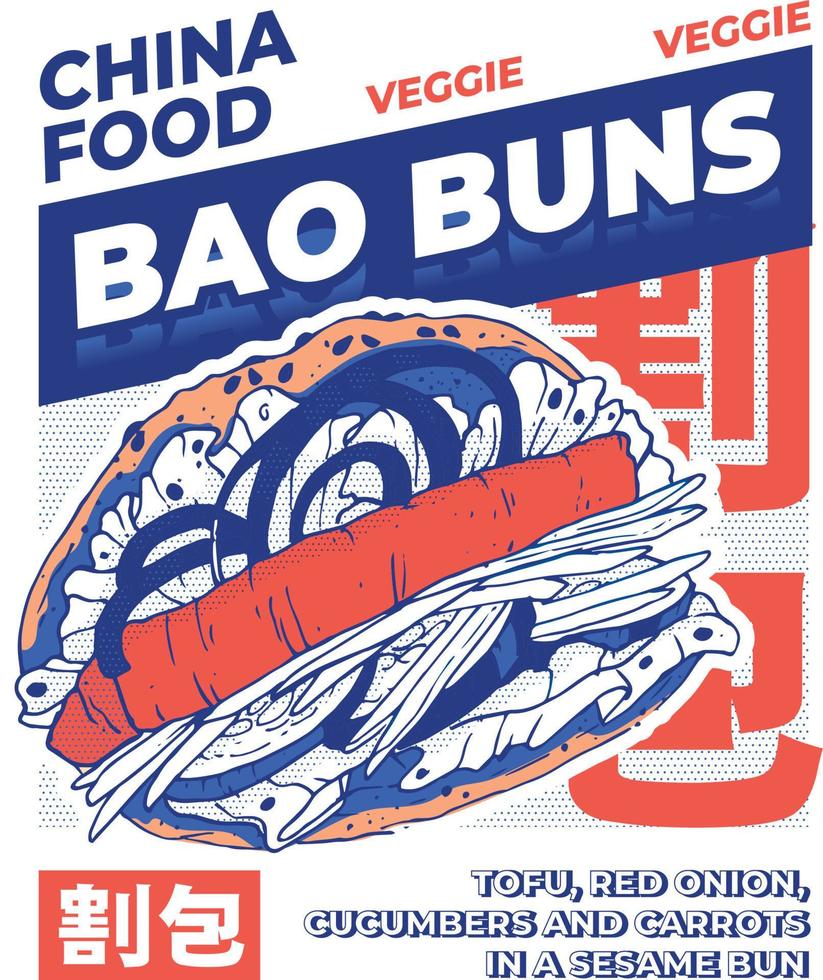 bao buns with tofu, cucumber, onion, carrot and lettuce leaves on a sesame bun vector