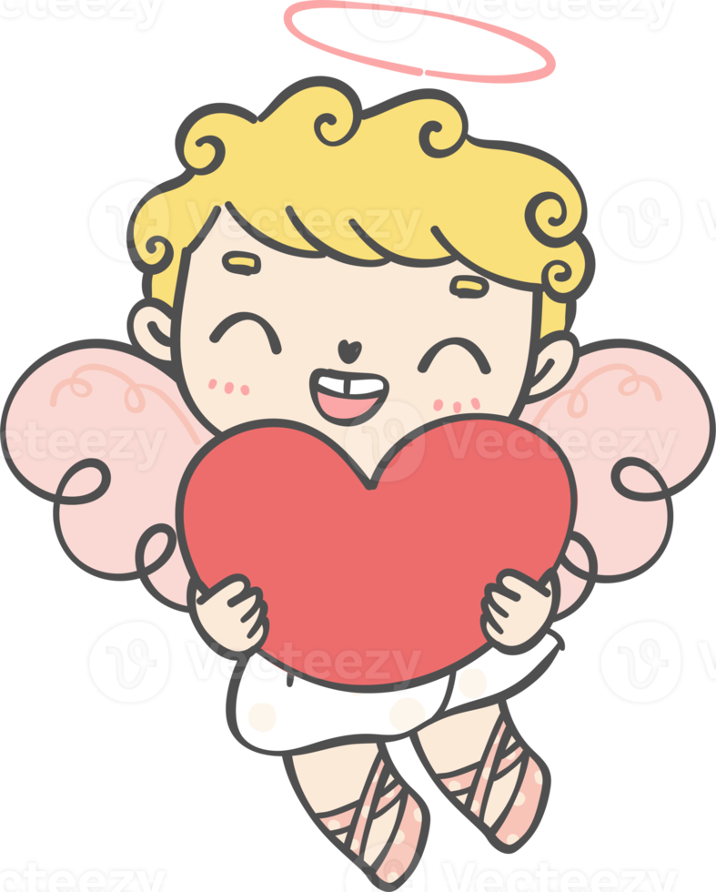 cute happy Valentine love cupid boy curly hair with arrow cartoon doodle hand drawing png