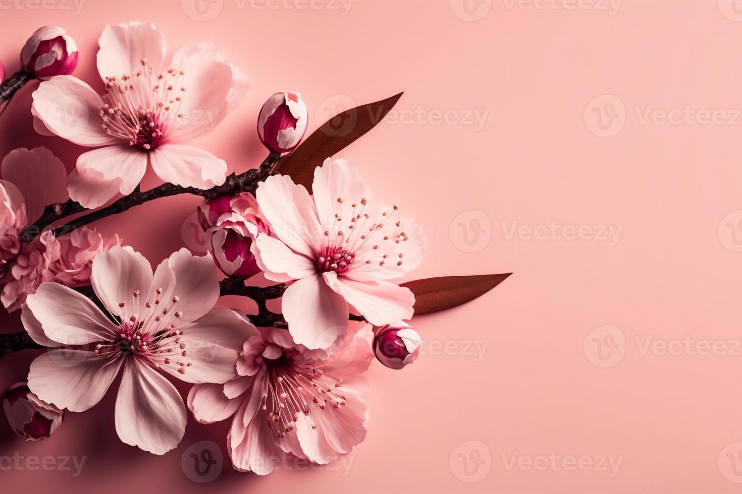 cherry blossoms in full bloom on a pink background copy space photo