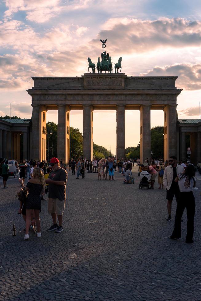 Berlin, Germany-august 8, 2022-particular of Brandeburg gate during a sunset photo