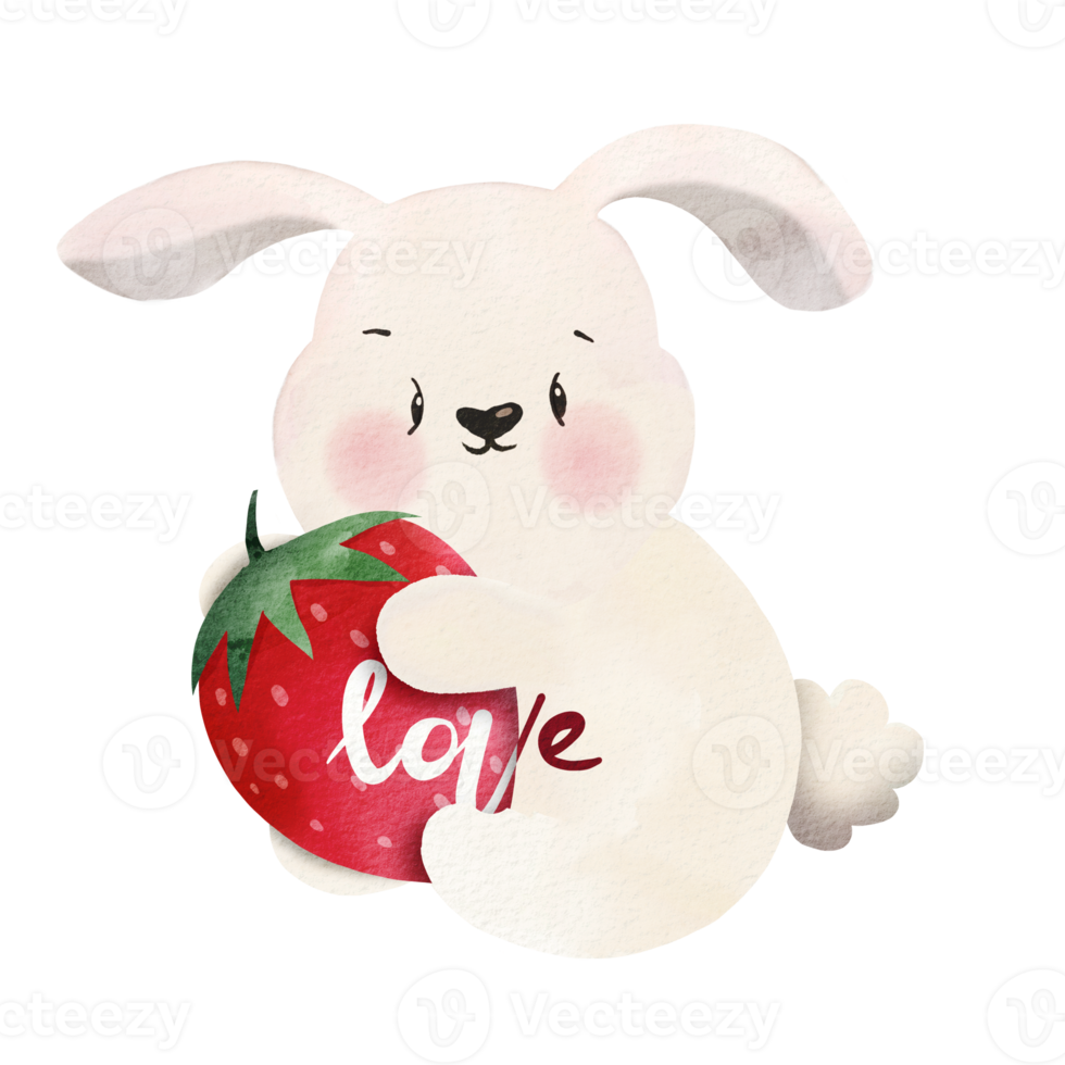 Watercolor illustration of  Cute  Rabbit  hugging heart ,cute item PNG design  ,PNG Transparency