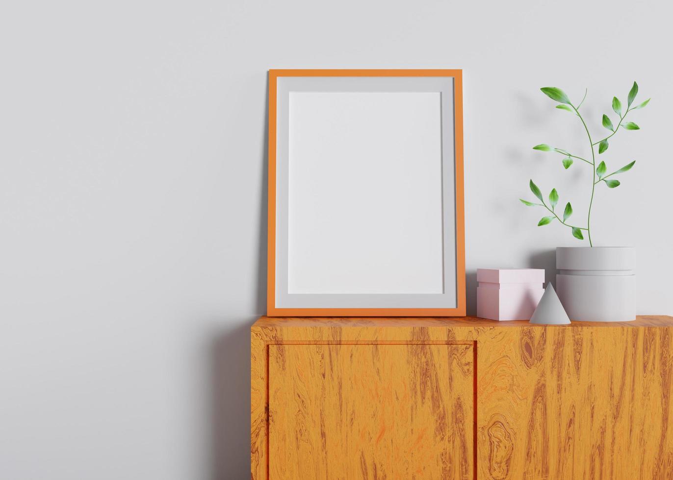 Design 3d rendering of cupboard and photo frame mockup