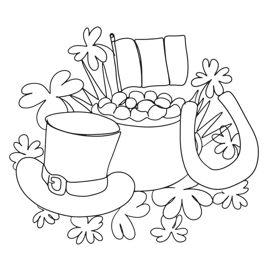Pot Of Gold Line Art, St Patricks Day Outline Drawing, Lucky Charm Sketch, Irish Holiday vector