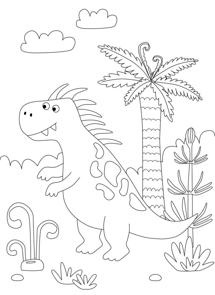 Funny cartoon dinosaur. Black and white vector illustration for coloring book