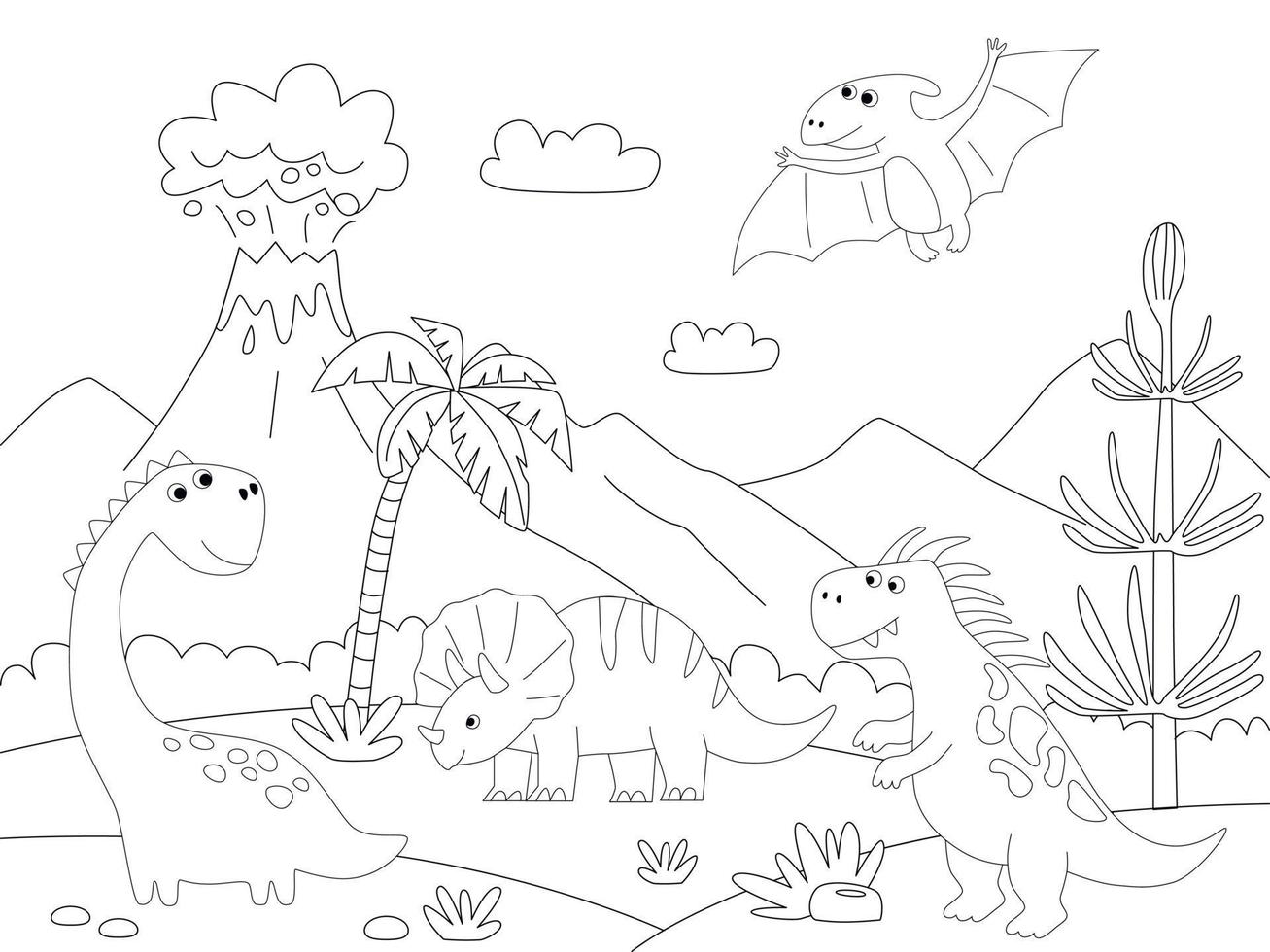 A dinosaur cartoon cute animal background prehistoric landscape coloring outline scene. Vector printable coloring page for children in cartoon style