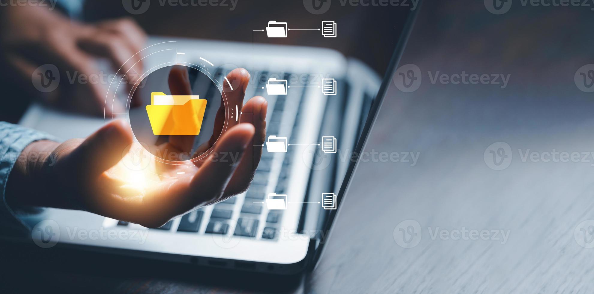 Online documentation database and process automation to efficiently manage files, IT staff working with Document Management System DMS, Corporate business technology. Cognition on modern management. photo