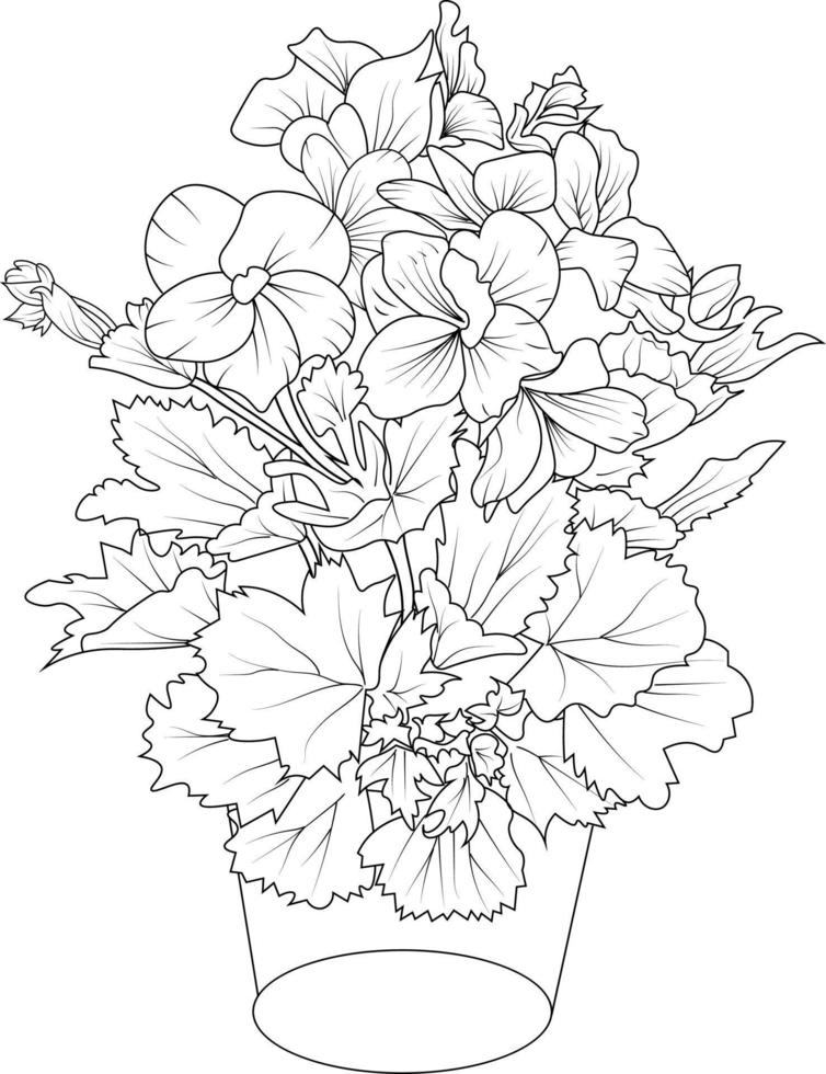 geranium flower bouquet of vector sketch hand drawn illustration, natural collaction branch of leaves bud  vase outline drawing ingraved ink art isolated on white background