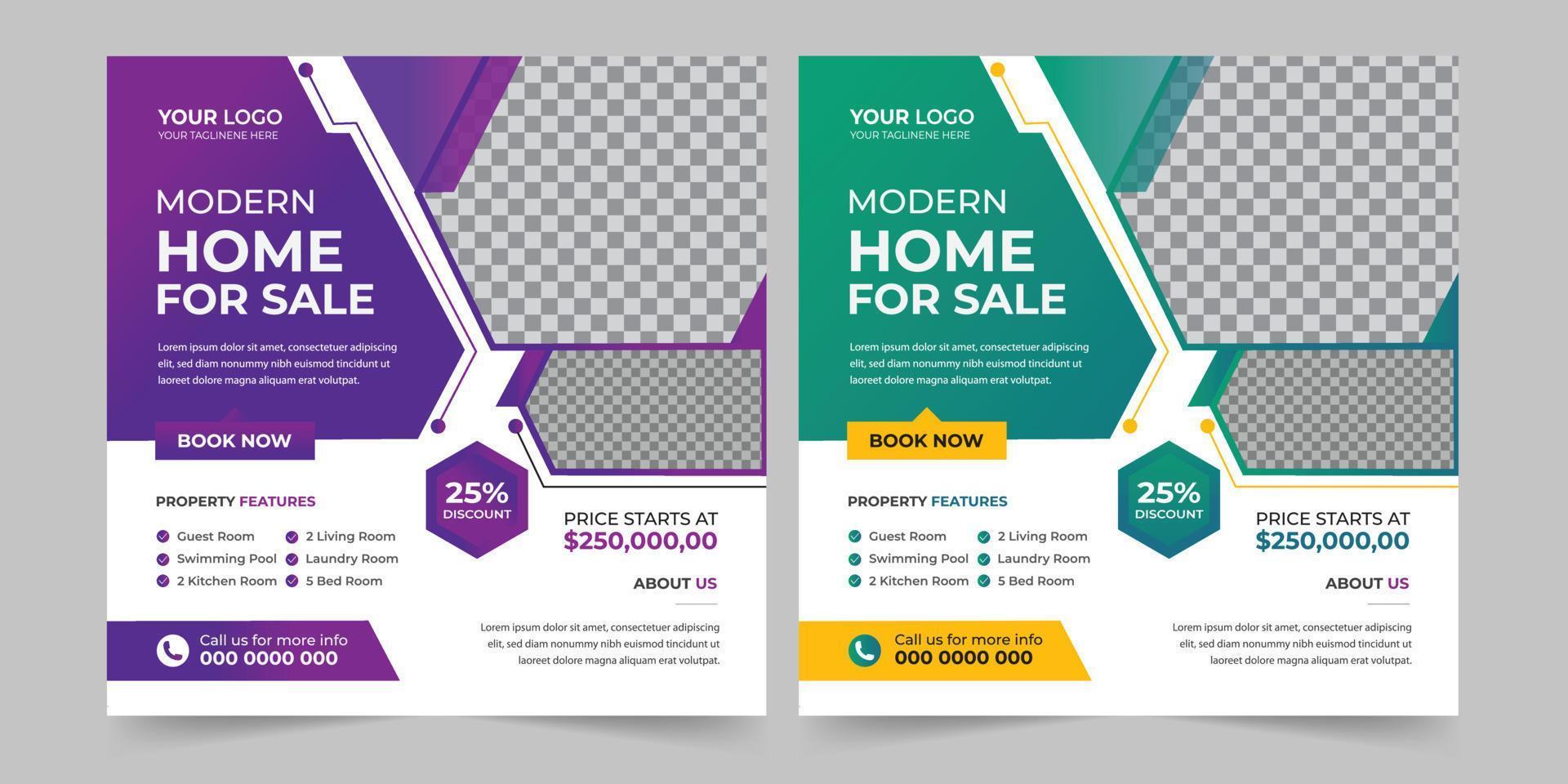 Real estate house sale and home rent advertising geometric modern square Social media post banner layouts set for digital marketing agency. Business elegant Promotion template design. vector