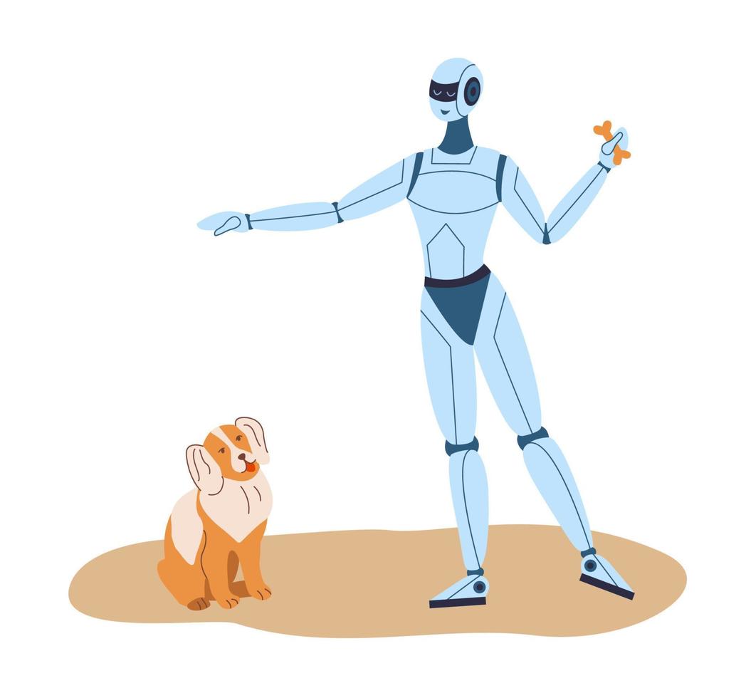 AI and artificial intelligence concept. A robot trains a dog. vector