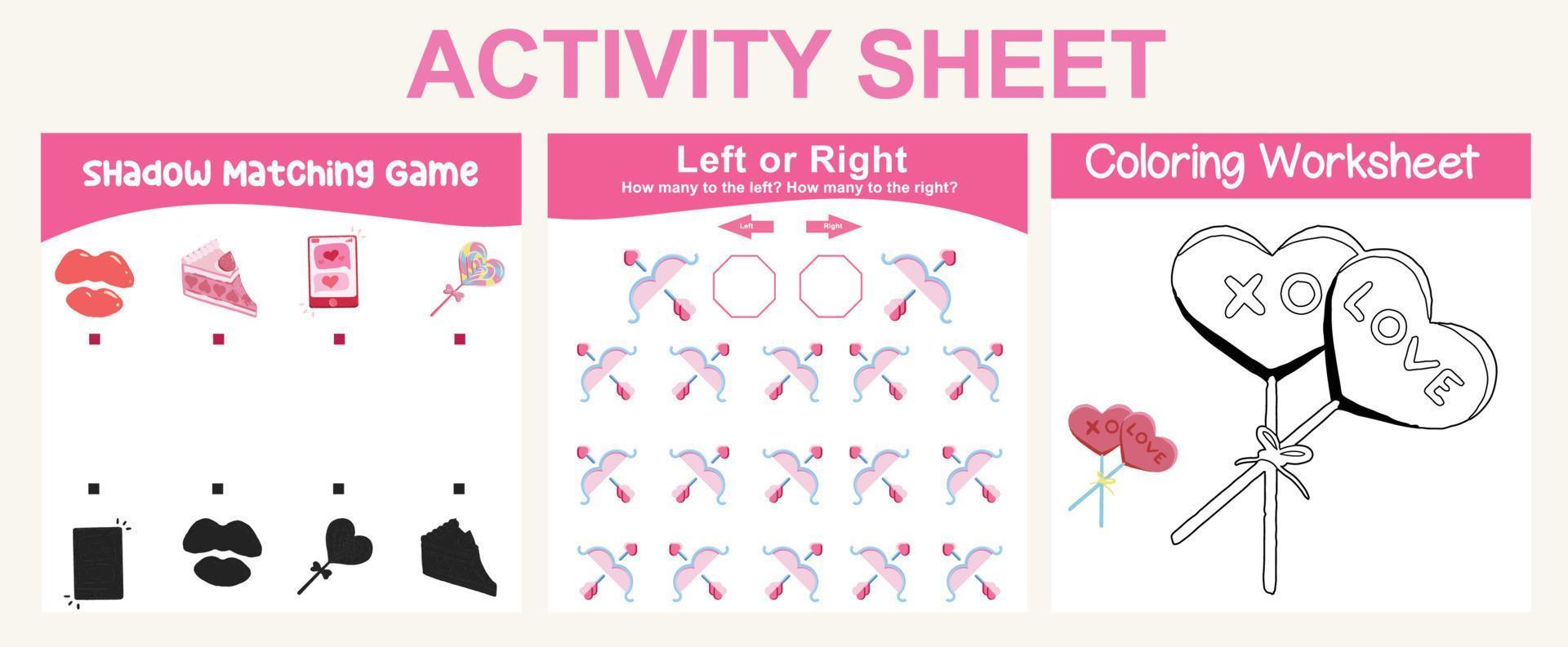 3 in 1 activity sheet for children. Educational printable worksheet. Shadow matching game, tracing lines and coloring activity worksheet. Vector file.