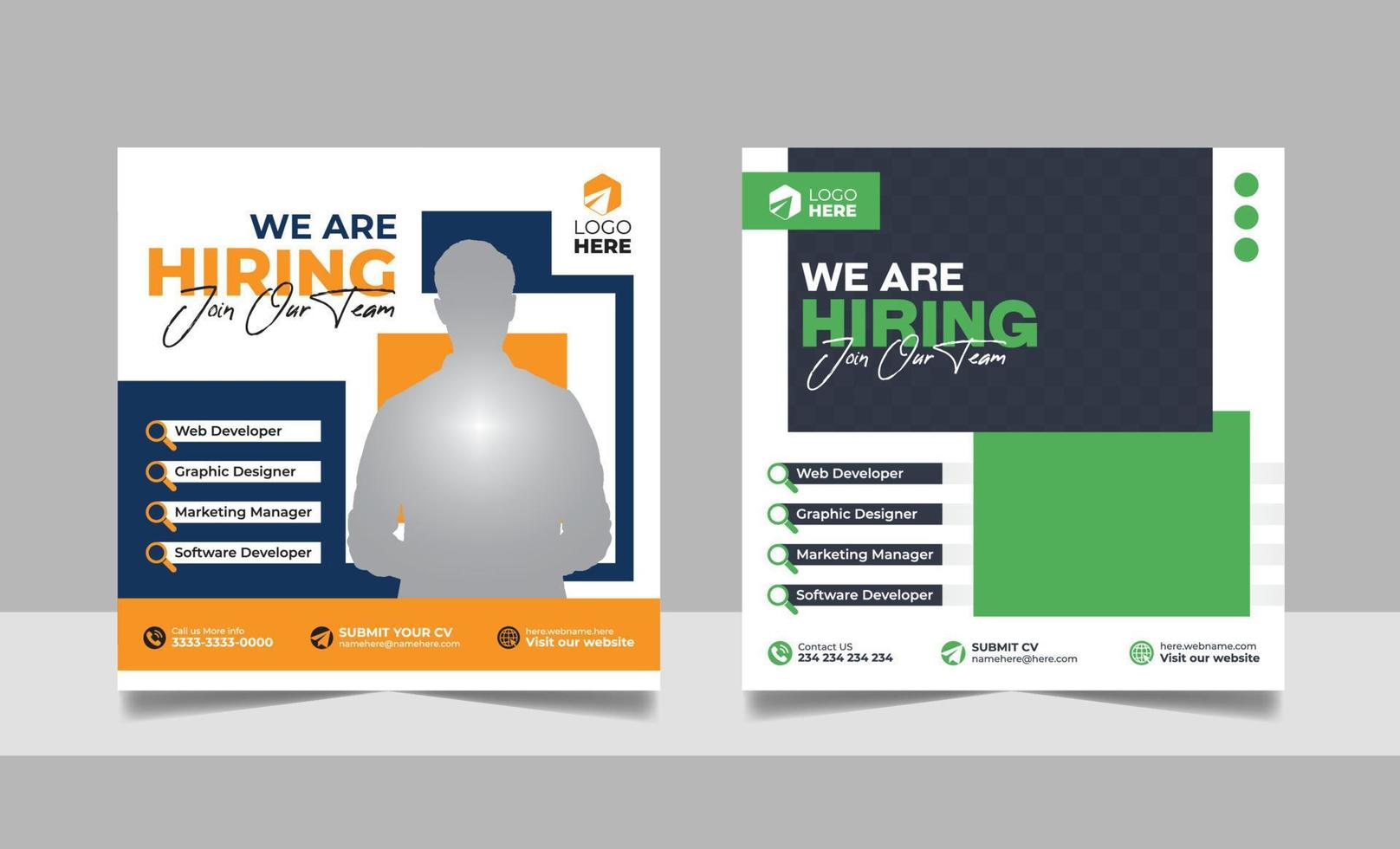 Hiring job vacancy post banner template set. Business we are hiring employee square flyer design. vector