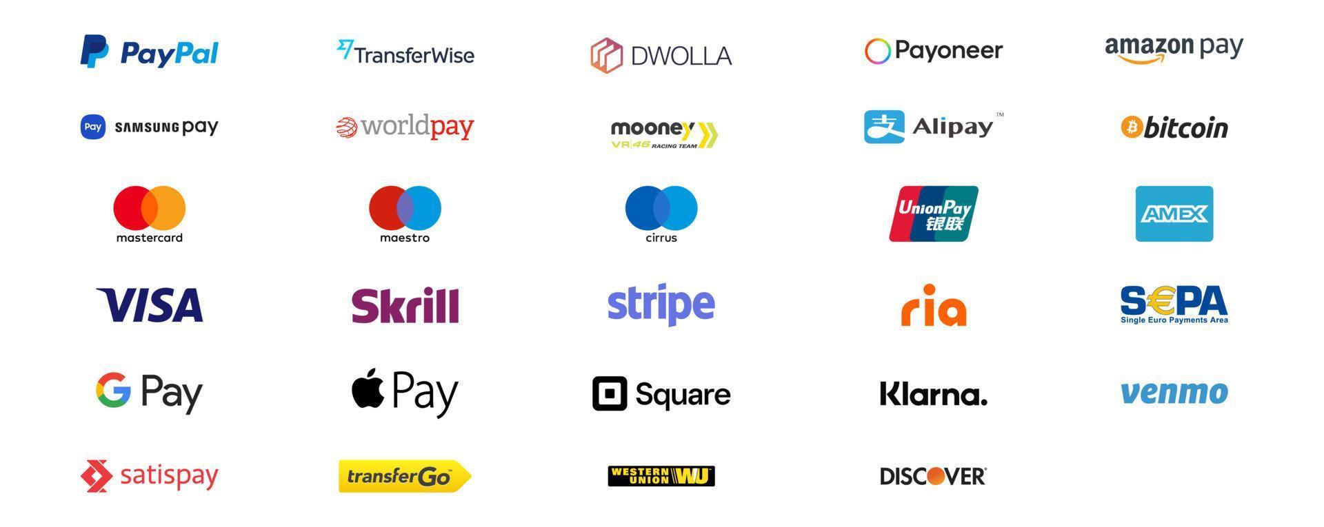 Popular online payment methods logo with white background. Transparent with vector logotype gateway icon set for website.