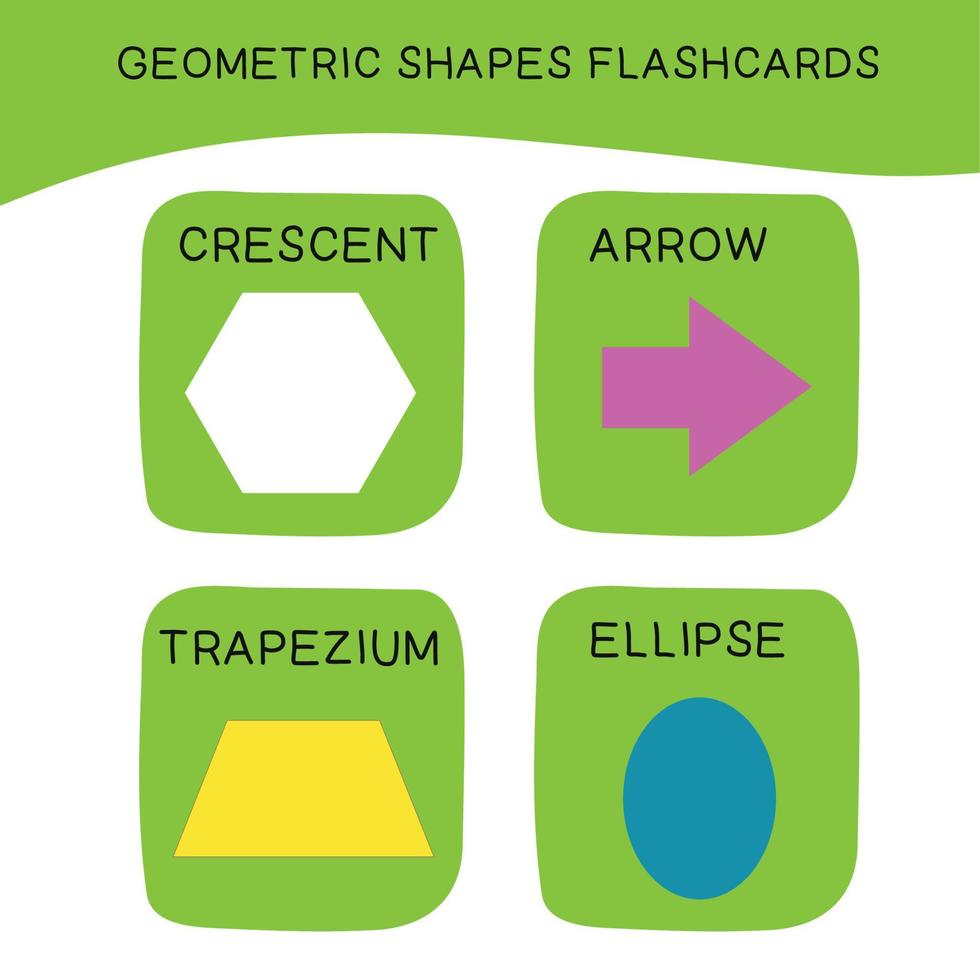 Geometric shapes name flashcards. Different shapes. Educational children game for learning geometric forms. Printable math flashcards. Vector illustration in cartoon style.