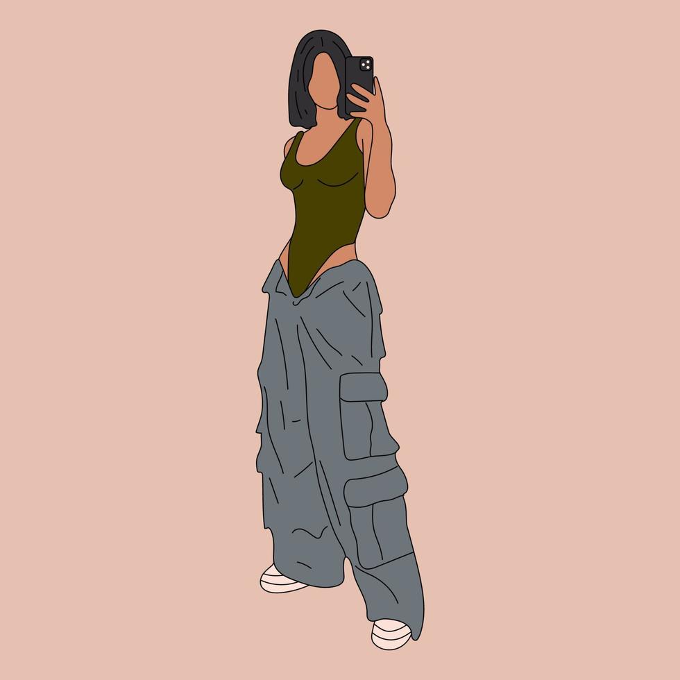 Beautiful young woman in a fashionable clothes military style 90s 2000s in full growth posing takes off herself on a smartphone. Hand drawn sketch. Vector illustration.