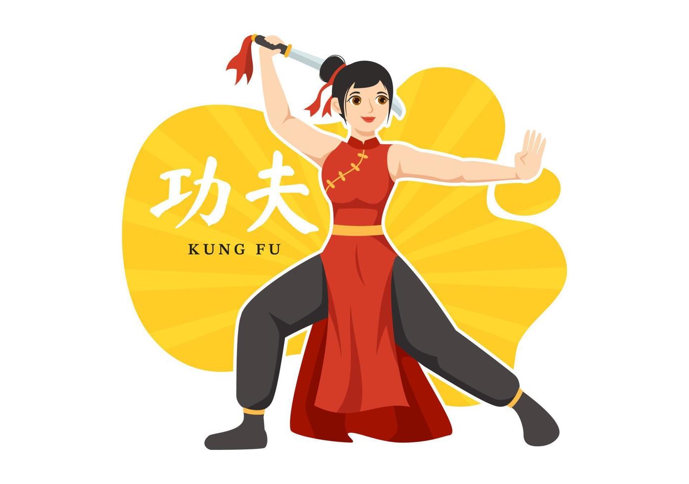 ilustración de kung fu con personas que muestran arte marcial deportivo chino en dibujos animados planos dibujados a mano para banner web o plantillas de página de inicio vector
