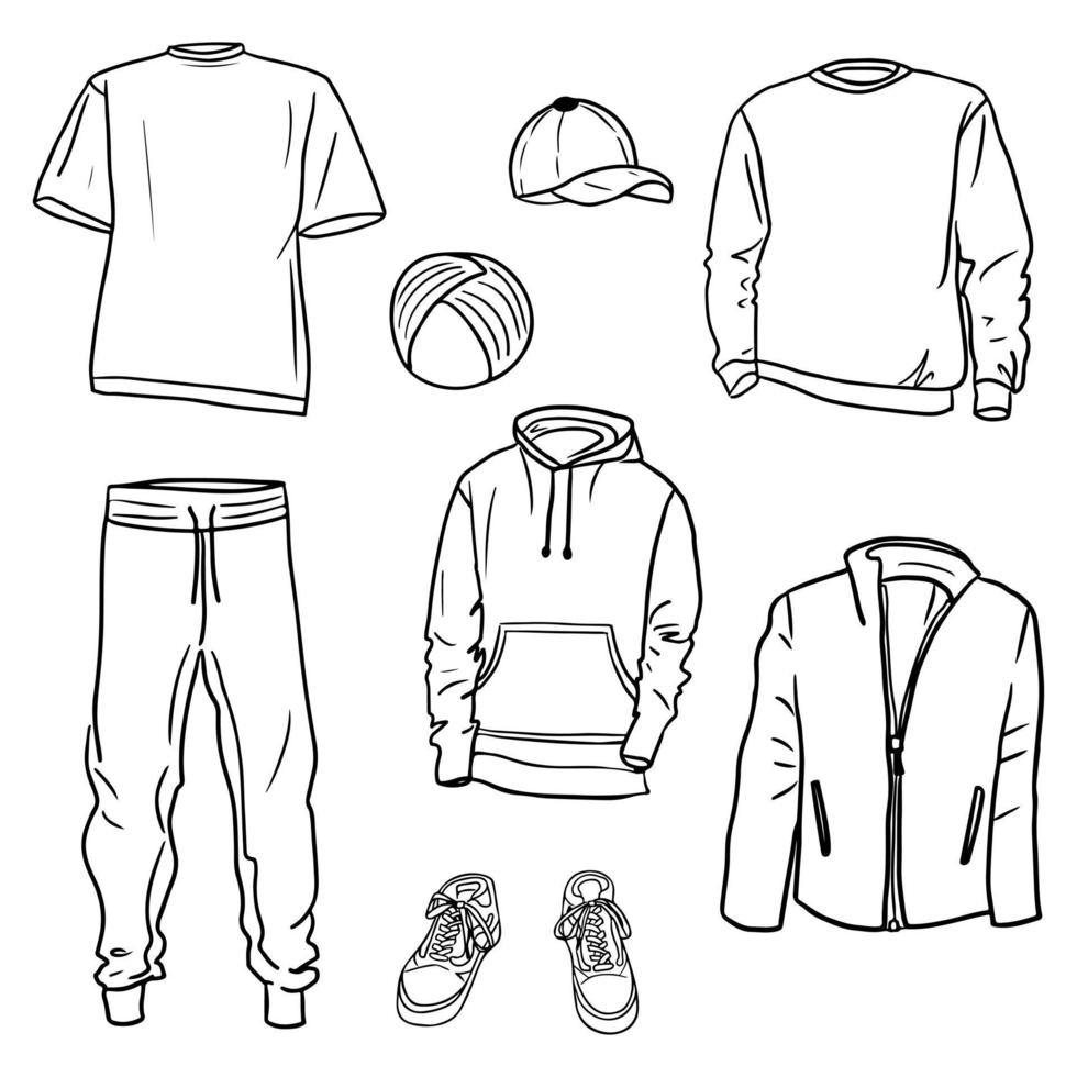 Hand drawn set of men s sportswear sketches. Hoodie, sweatshirt, joggers, t shirts, sport coat, snakers, cap and turban. Vector isolated outline sketch collection on white background