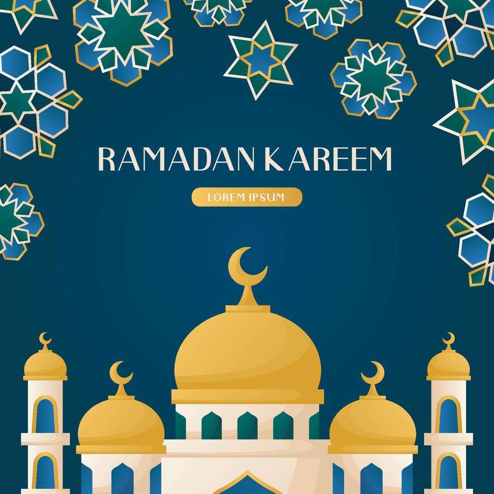 Ramadan Kareem card with moon crescent, traditional mosque. Invitations with islamic geometric patterns, arabesque. Glorious month of muslim year, holy holiday. Banner, flyer, advertising. vector
