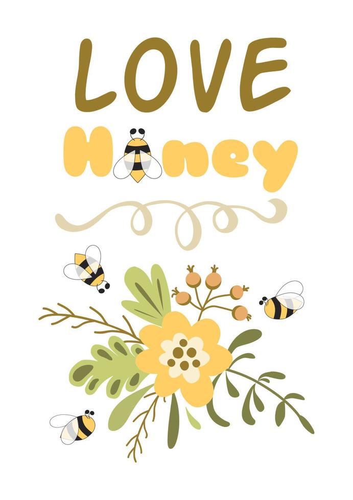 Me encanta el texto de miel con abeja, flores de color amarillo brillante. lindo cartel de cita de amor. arte de pared de abeja de miel. banner romántico de tipografía dibujada a mano. diseño de bebé boda del día de san valentín. ilustración vectorial vector