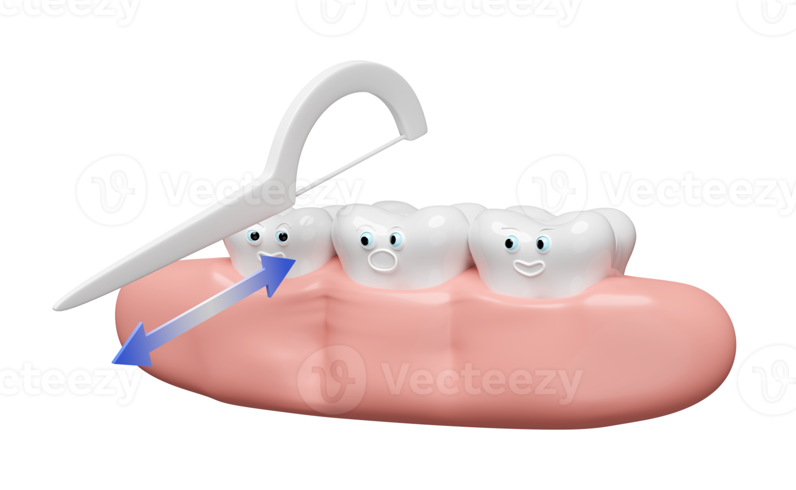 3d zeigt Zähne, die Lebensmittelabfälle mit Zahnstocher-Zahnseide isoliert reinigen. 3D-Darstellung png