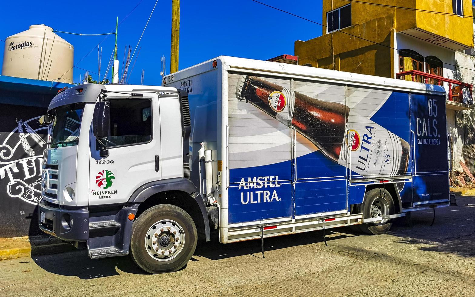 Puerto Escondido Oaxaca Mexico 2023 Mexican Amstel Ultra beer truck cargo transporter delivery cars Mexico. photo