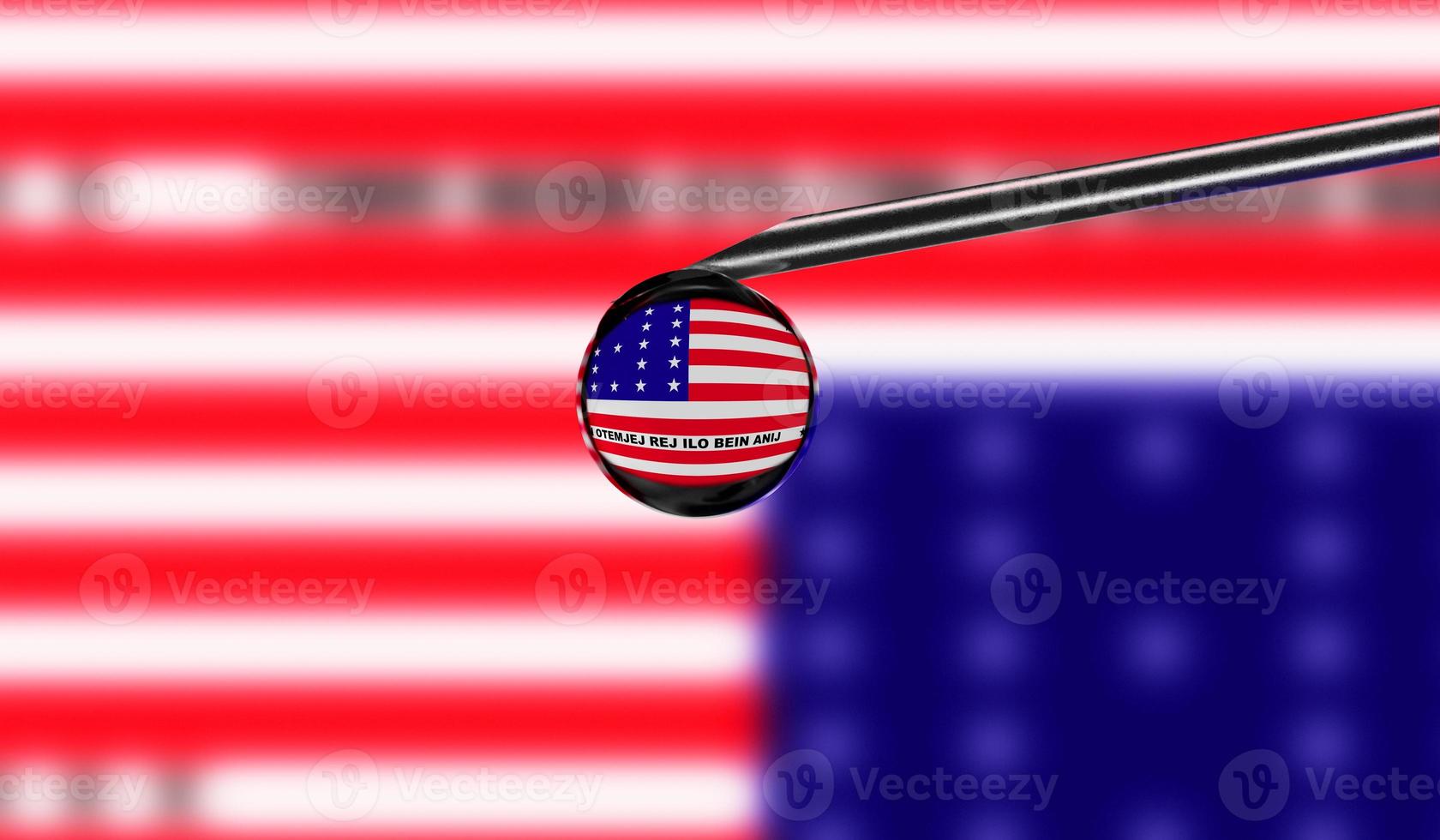 Vaccine syringe with drop on needle against national flag of Bikini Atoll background. Medical concept vaccination. Coronavirus Sars-Cov-2 pandemic protection. National safety idea. photo