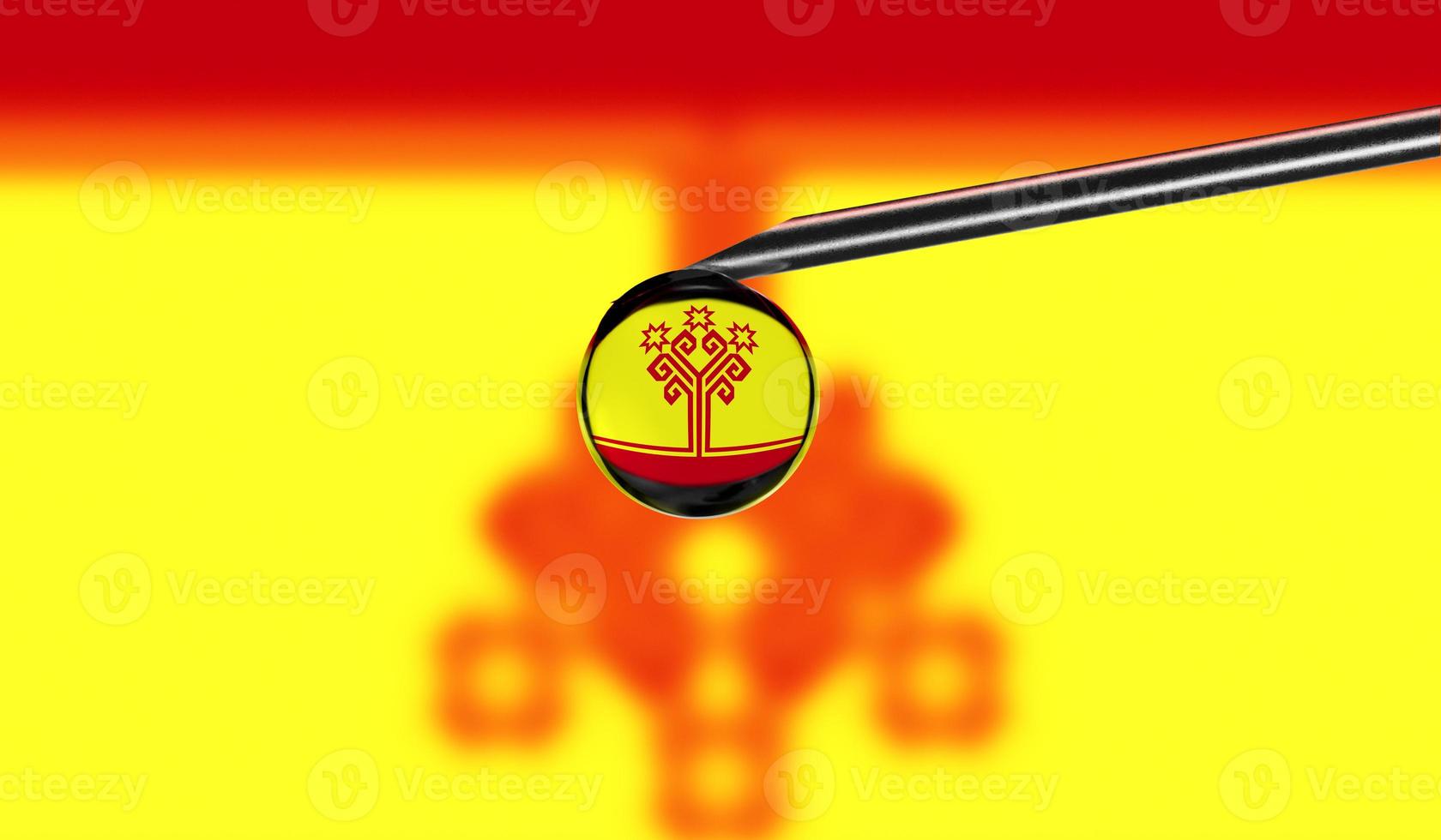 Vaccine syringe with drop on needle against national flag of Chuvashia background. Medical concept vaccination. Coronavirus Sars-Cov-2 pandemic protection. National safety idea. photo