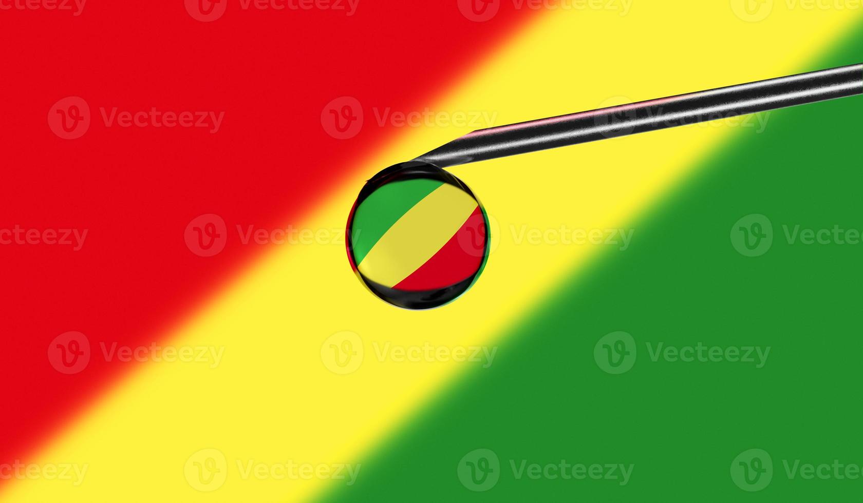 Vaccine syringe with drop on needle against national flag of Congo Republic of the background. Medical concept vaccination. Coronavirus Sars-Cov-2 pandemic protection. National safety idea. photo