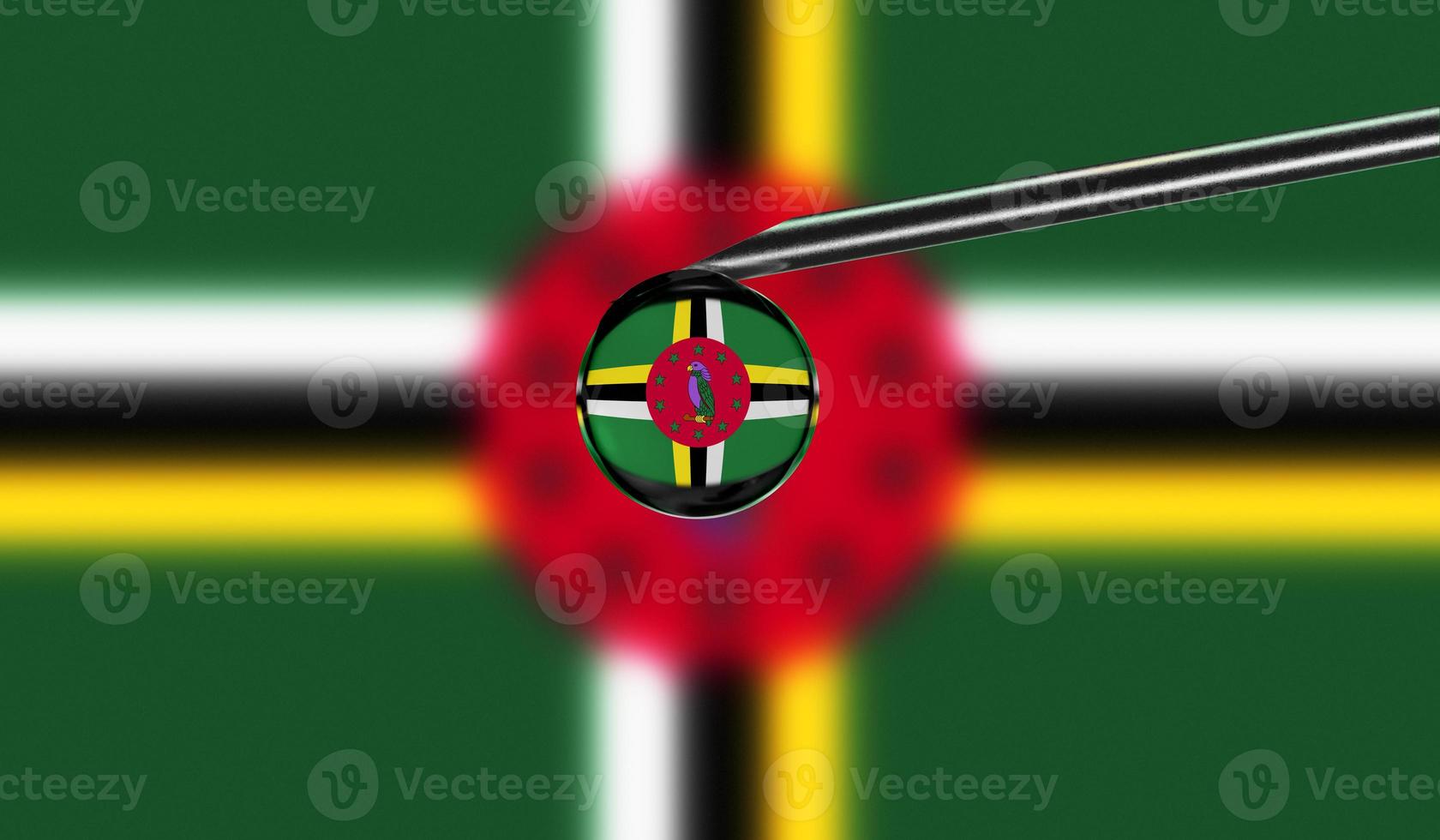 Vaccine syringe with drop on needle against national flag of Dominica background. Medical concept vaccination. Coronavirus Sars-Cov-2 pandemic protection. National safety idea. photo