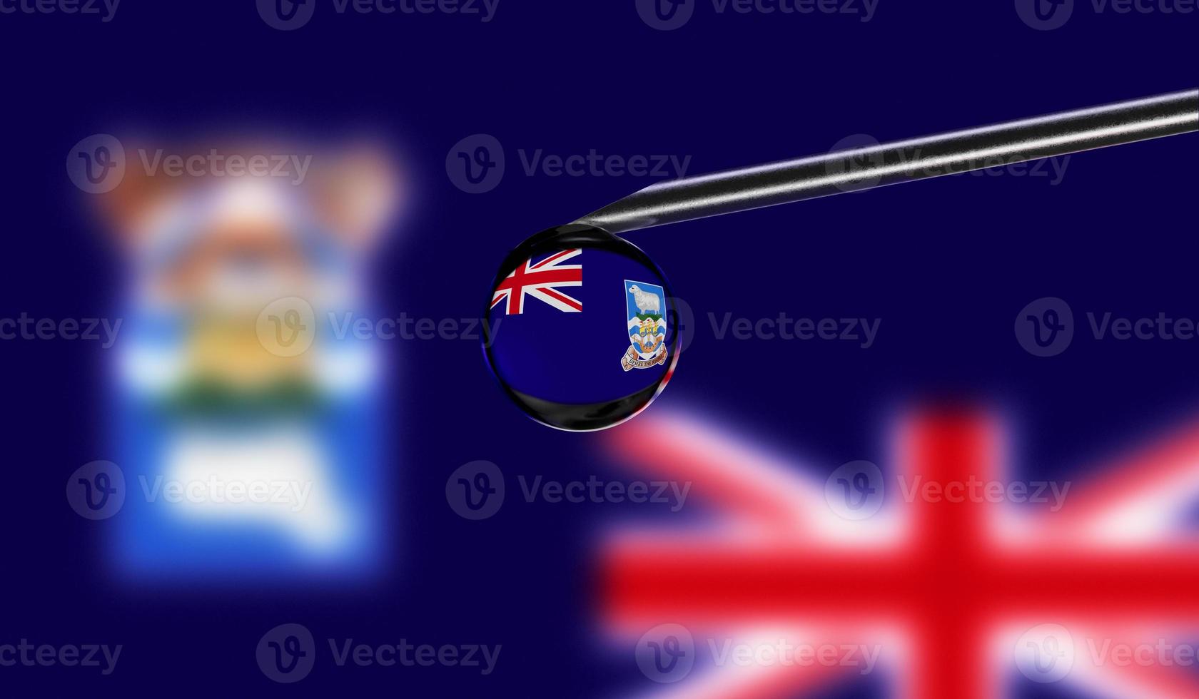 Vaccine syringe with drop on needle against national flag of falkland Islands background. Medical concept vaccination. Coronavirus Sars-Cov-2 pandemic protection. National safety idea. photo