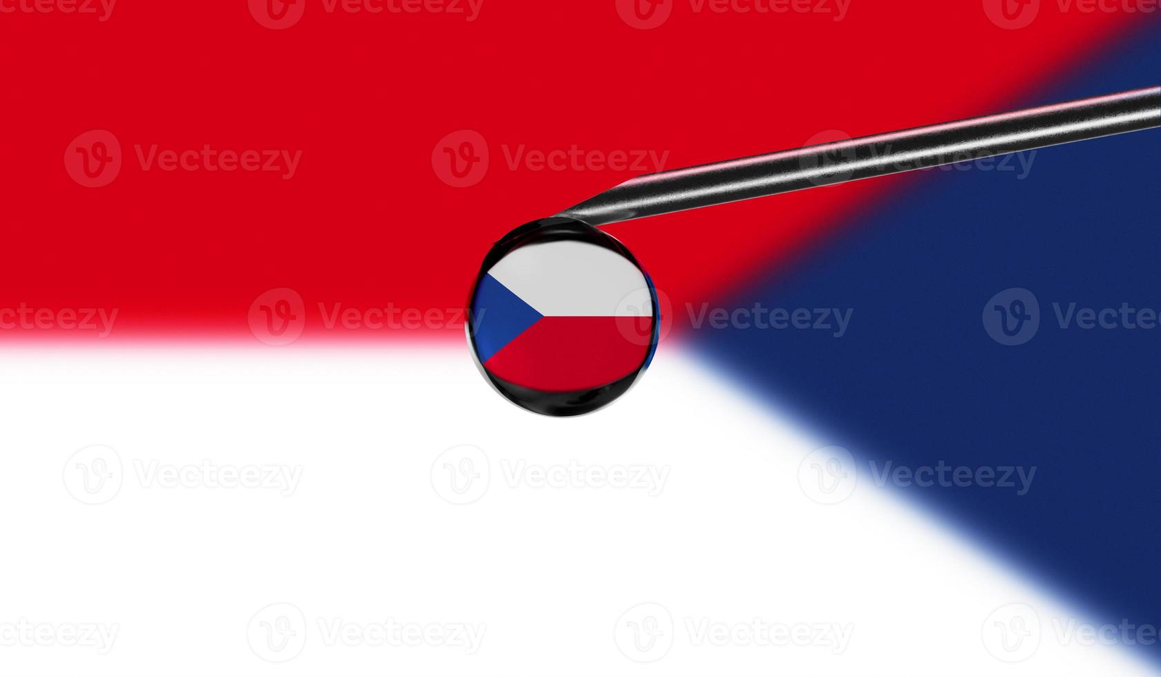 Vaccine syringe with drop on needle against national flag of Czech Republic background. Medical concept vaccination. Coronavirus Sars-Cov-2 pandemic protection. National safety idea. photo