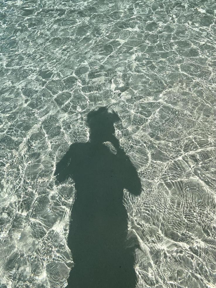 ambiente de verano, playa con silueta de una mujer reflexionando sobre la superficie del agua, fondo con espacio de copia, silueta de personas, sombras de personas con reflejo en el mar, naturaleza de primavera de verano foto