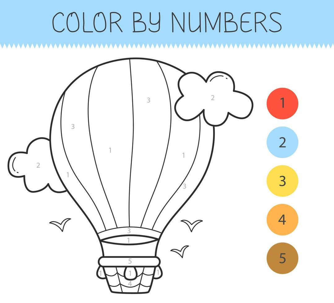 Color by numbers coloring book for kids with a airship. Coloring page with cute cartoon airship. Monochrome black and white. Vector illustration.