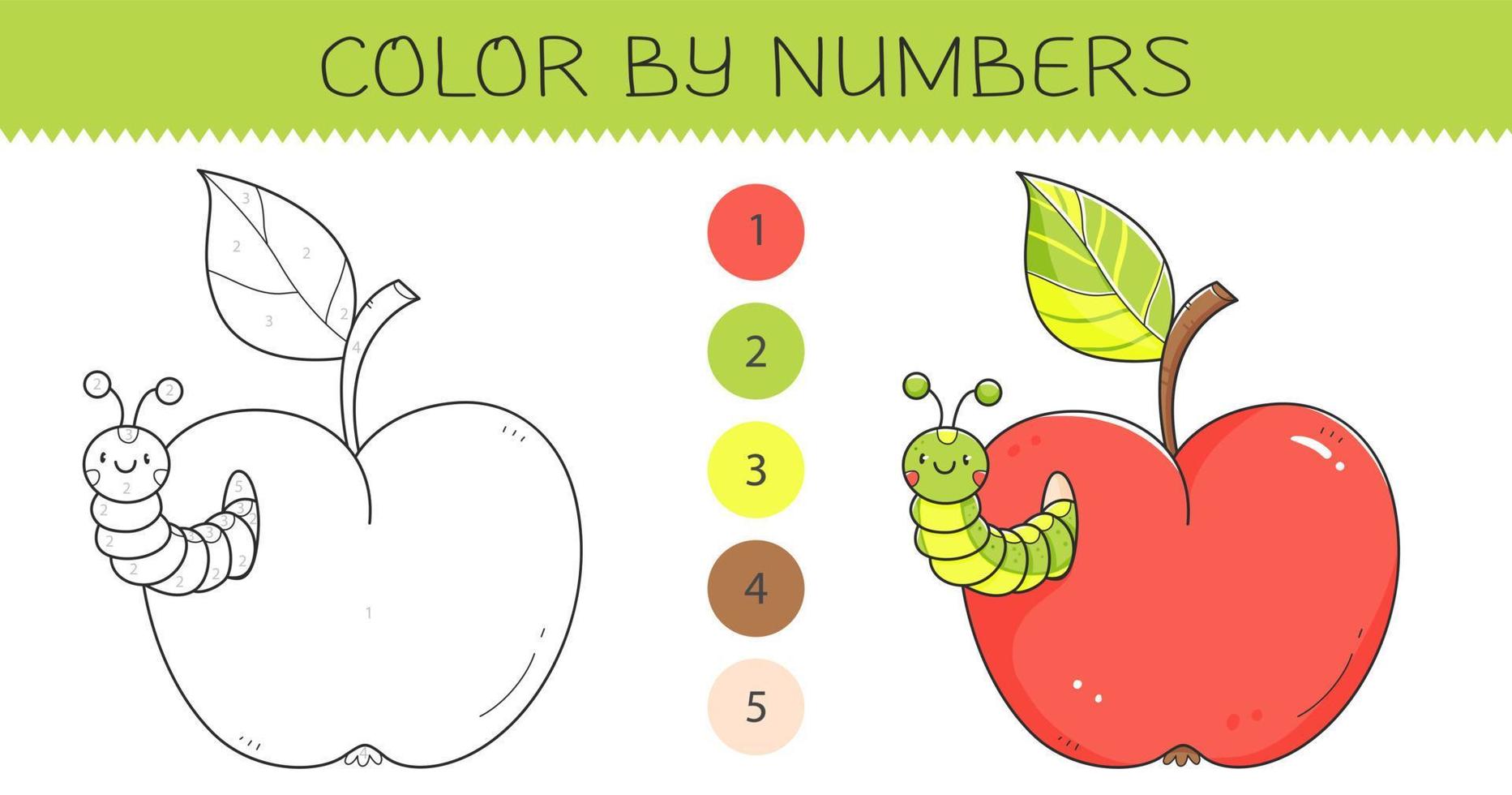 Color by numbers coloring book for kids with an apple and caterpillar. Coloring page with cute cartoon apple and worm with an example for coloring. Monochrome and color versions. Vector illustration.