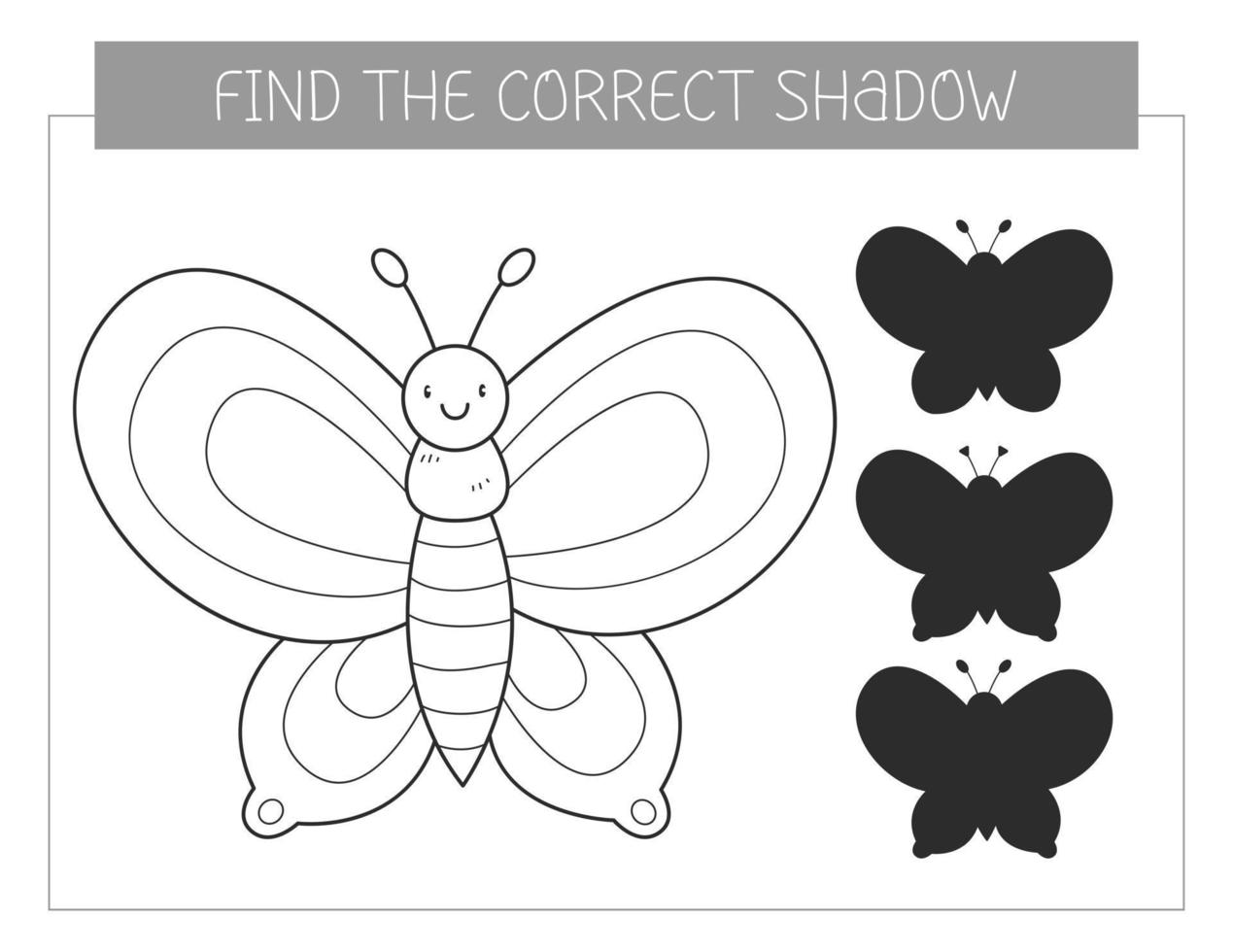 Find the correct shadow coloring book with a butterfly. Coloring page educational game for kids. Cute cartoon butterfly. Shadow matching game. Vector illustration.