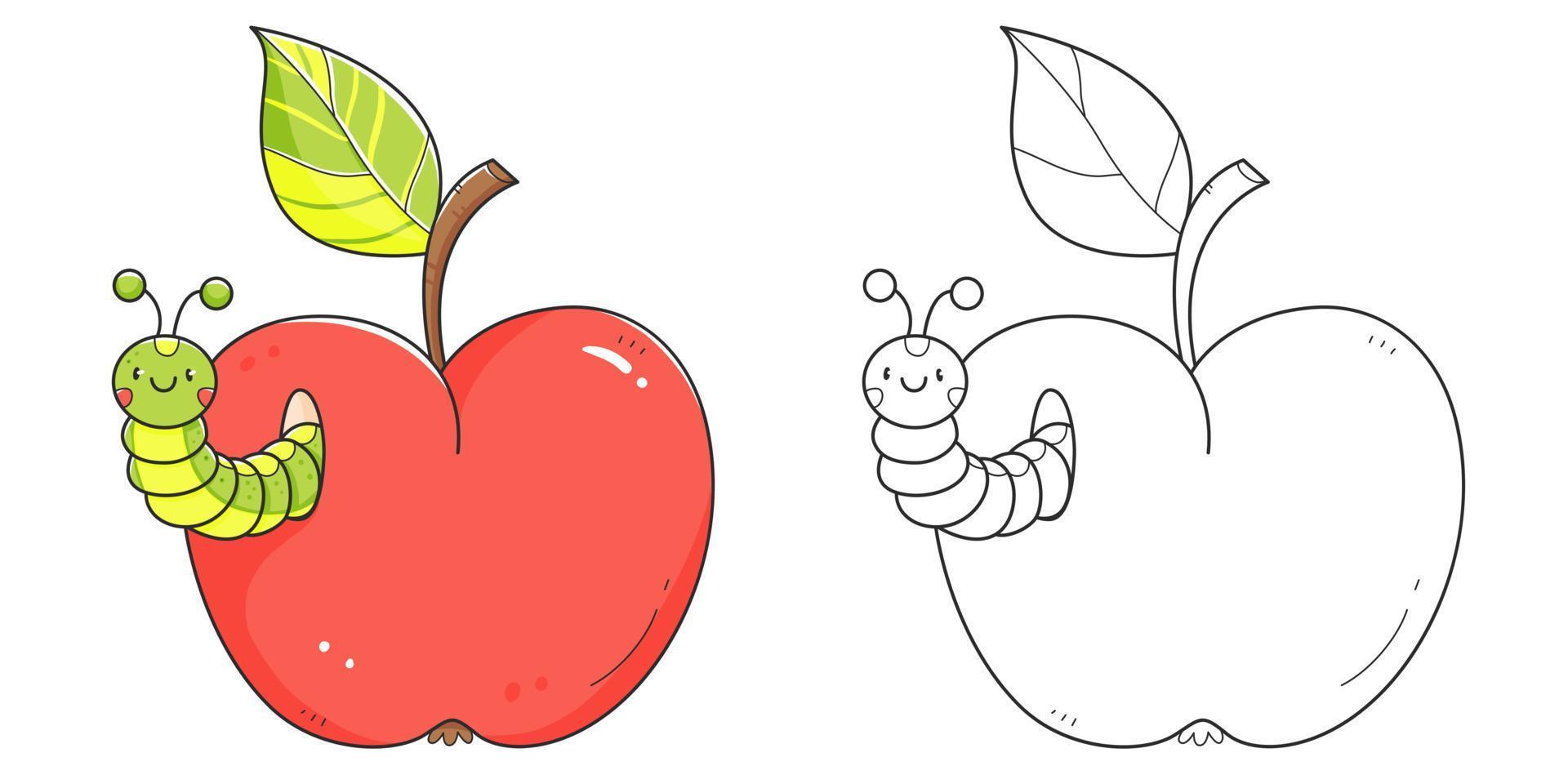 Red apple with caterpillar coloring book with coloring example for kids. Coloring page with apple and worm. Monochrome and color version. Vector children's illustration.