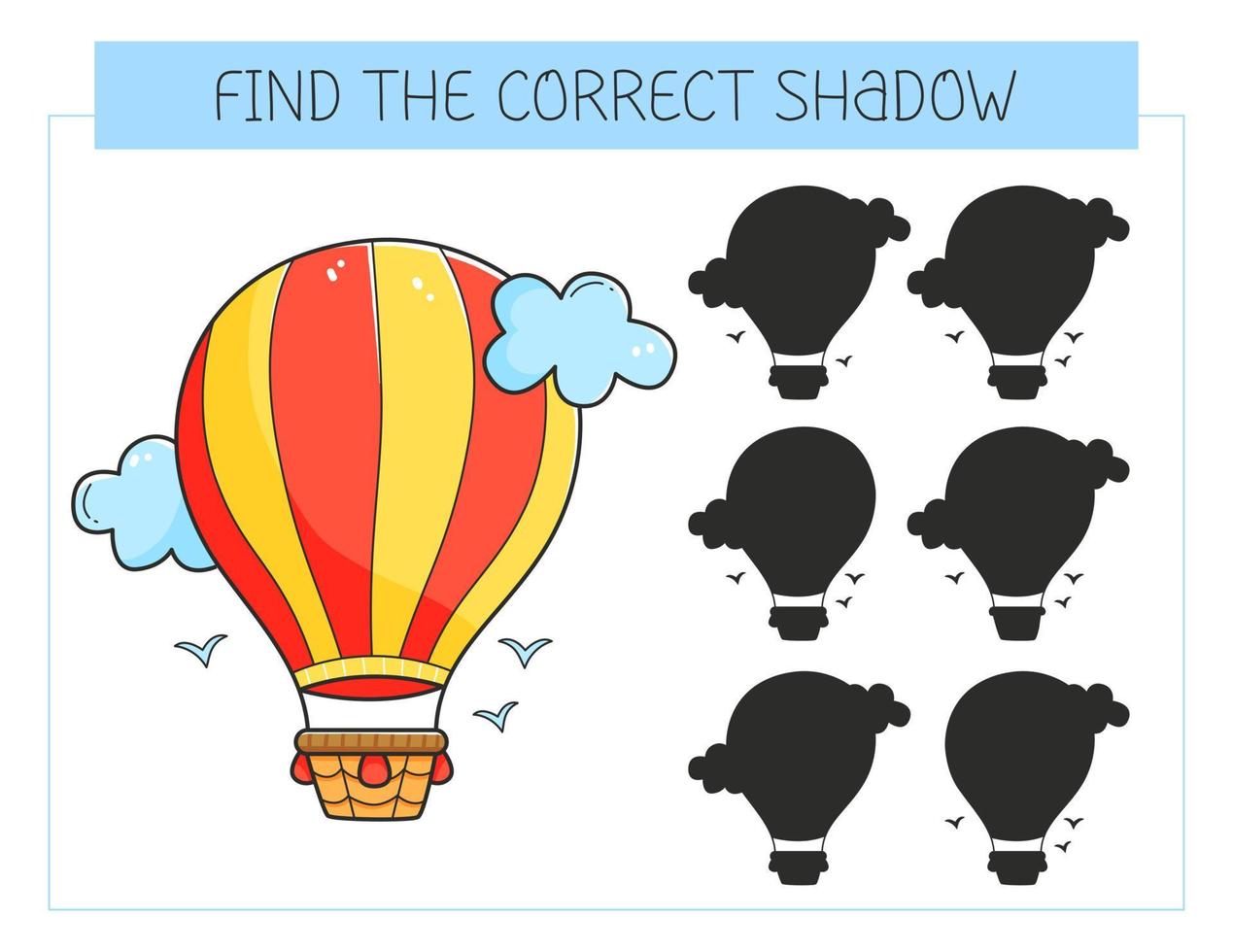 Find the correct shadow game with an airship. Educational game for children. Cute cartoon airship. Shadow matching game. Vector illustration.