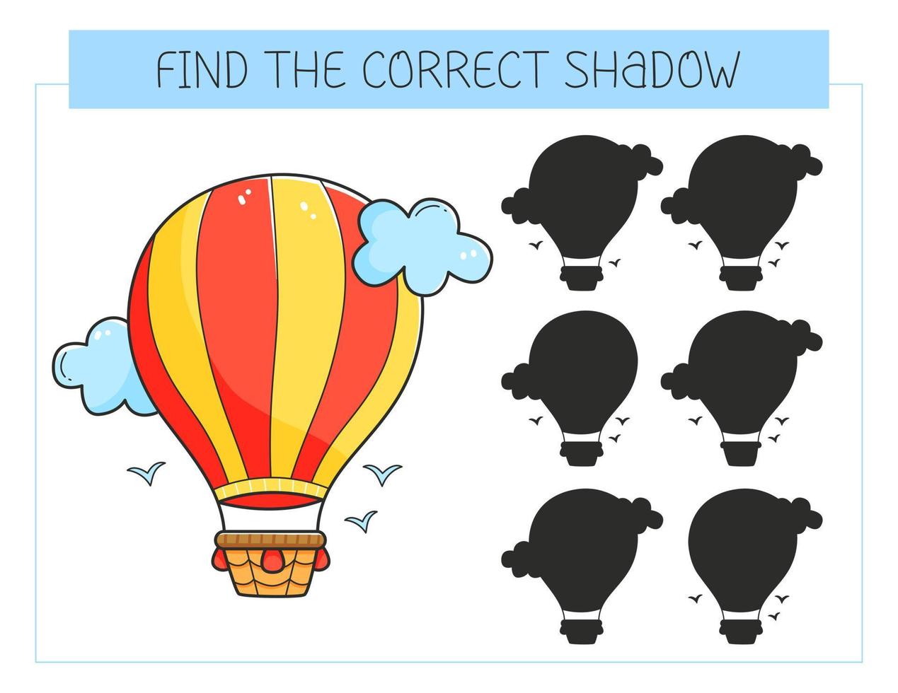 encuentra el juego de sombras correcto con una aeronave. juego educativo para niños. lindo dirigible de dibujos animados. juego de combinación de sombras. ilustración vectorial vector