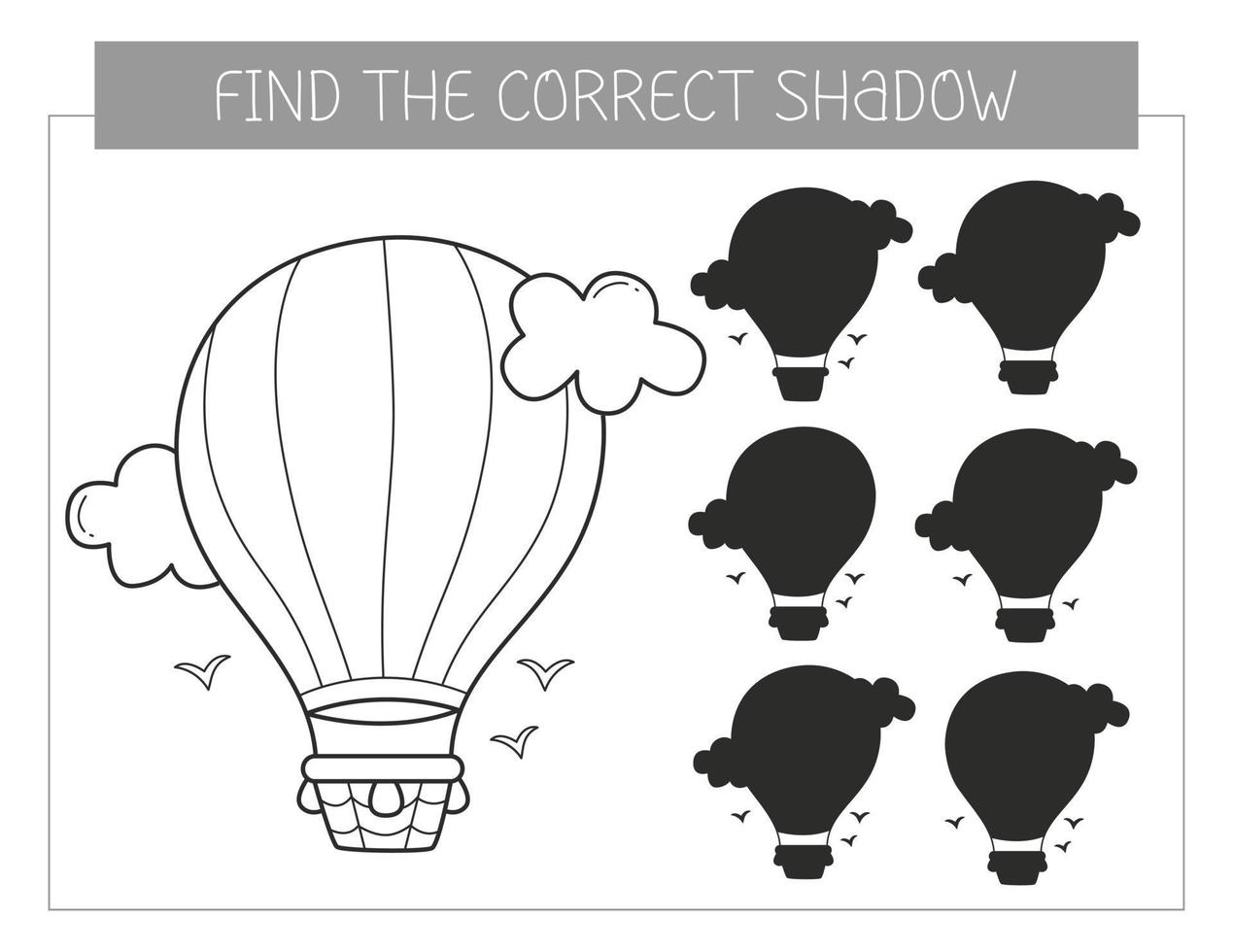 Find the correct shadow coloring book with an airship. Coloring page educational game for kids. Cute cartoon airship. Shadow matching game. Vector illustration.