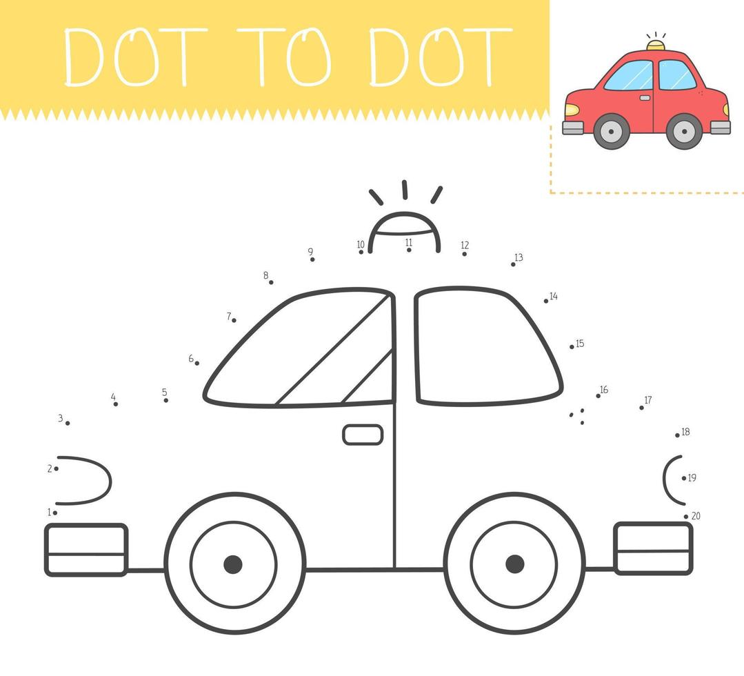 Dot to dot game coloring book with car for kids. Coloring page with a cute cartoon car. Connect the dots vector illustration.