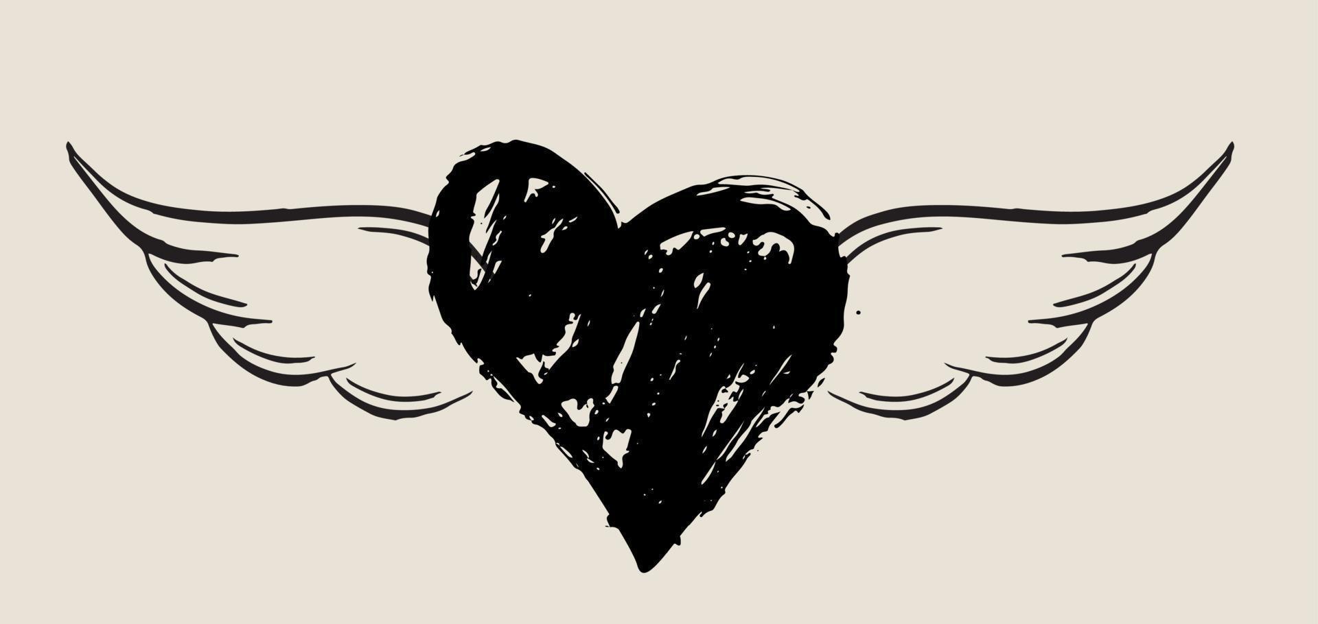 Heart with angel wings, hand drawn. vector