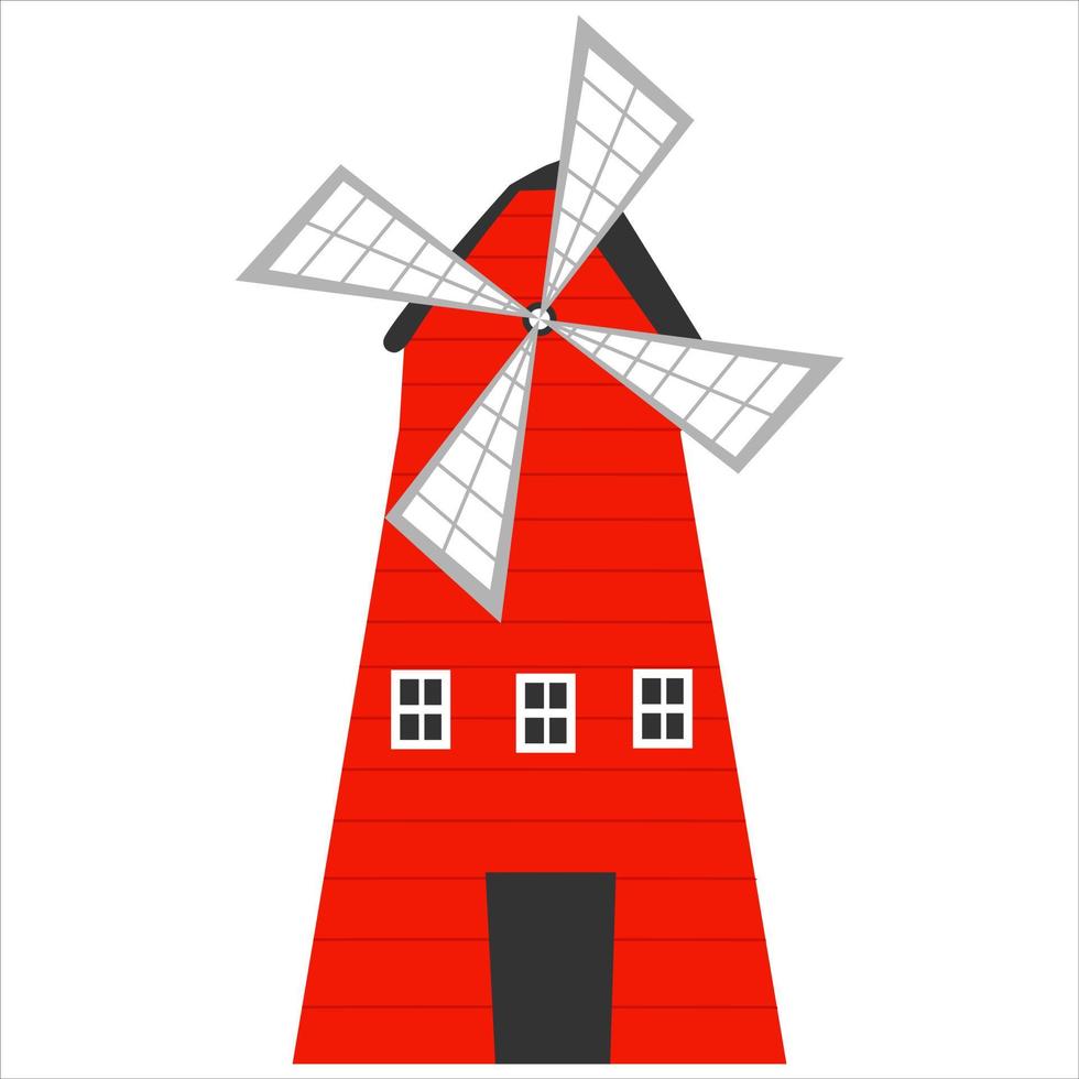 molino de viento rojo en estilo de dibujos animados aislado sobre fondo blanco, animal de granja, concepto de estilo de vida rural para libros infantiles vector
