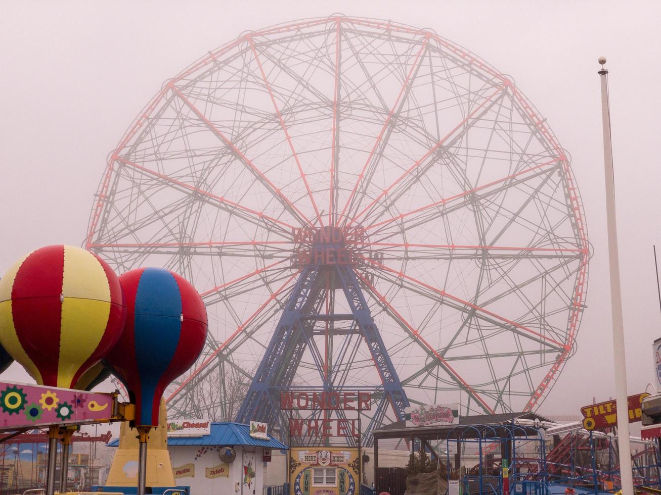 Brooklyn, New York - February 11, 2018 -  Wonder Wheel in Coney Island, Brooklyn on a foggy day. photo