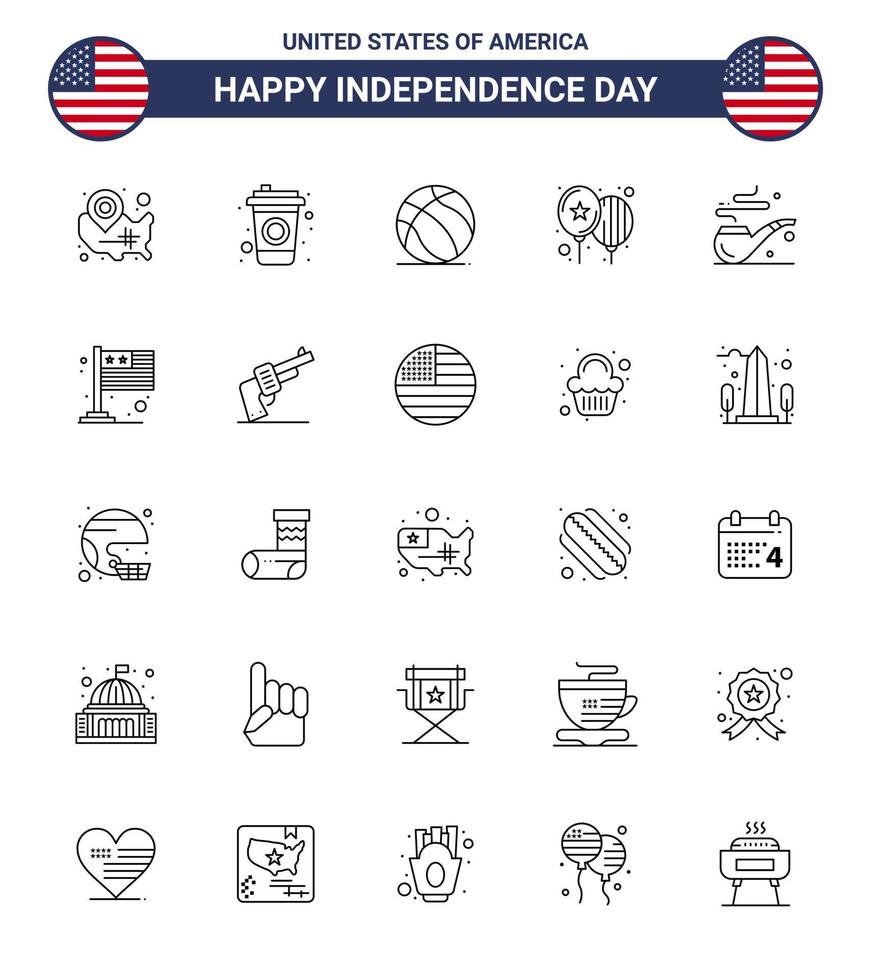 Line Pack of 25 USA Independence Day Symbols of smoke party football day balloons Editable USA Day Vector Design Elements