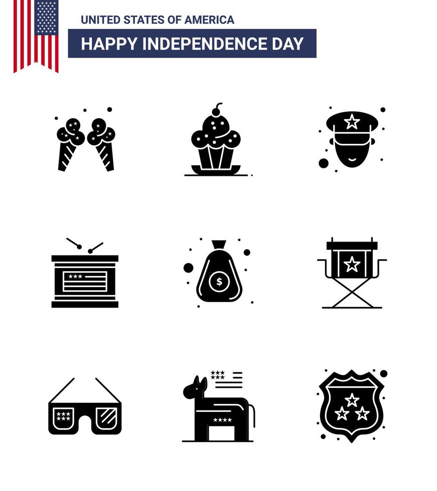 paquete de 9 celebración del día de la independencia de estados unidos signos de glifos sólidos y símbolos del 4 de julio, como el día de la independencia del dinero, acción de gracias, tambor independiente, elementos de diseño vectorial del día de estados unidos editables vector