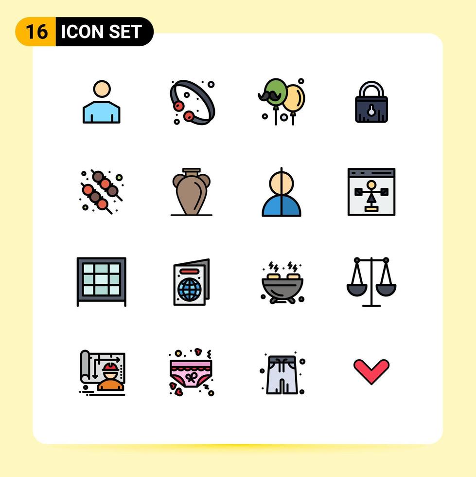 Set of 16 Vector Flat Color Filled Lines on Grid for barbecue ecommerce luxury security fathers day Editable Creative Vector Design Elements