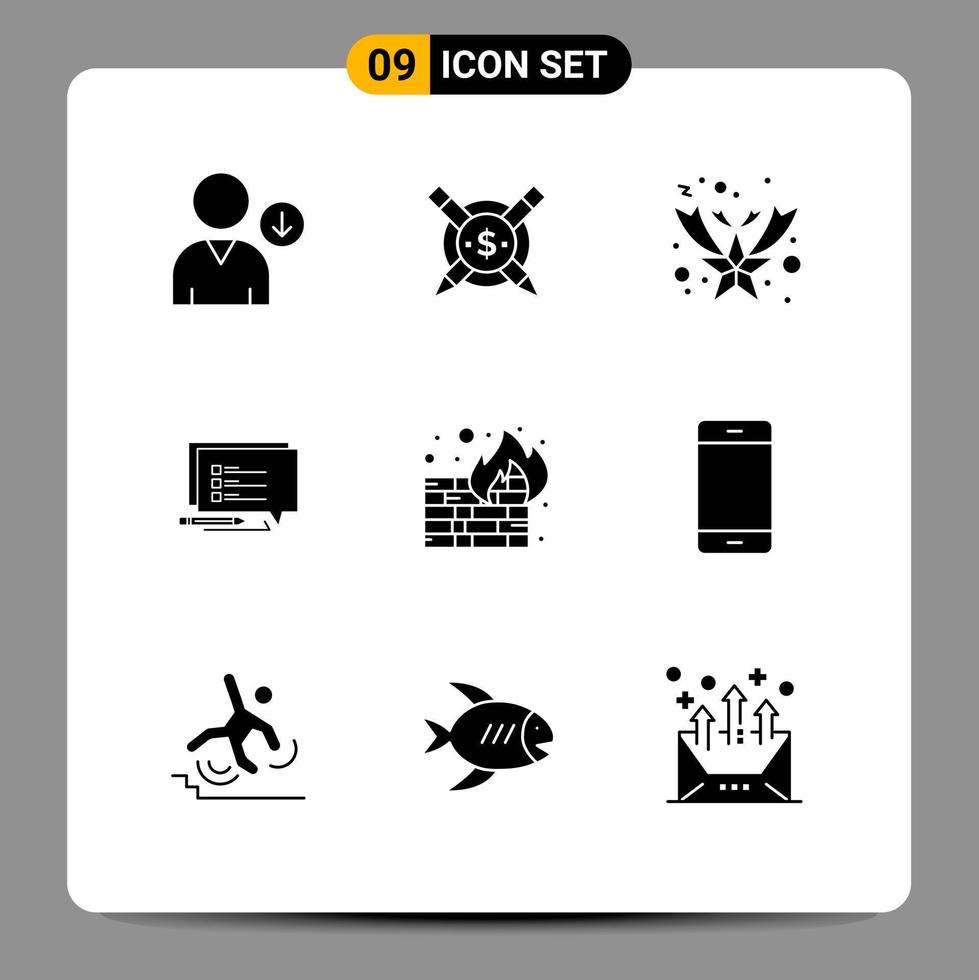 Set of 9 Commercial Solid Glyphs pack for wall firewall fallen fire message Editable Vector Design Elements