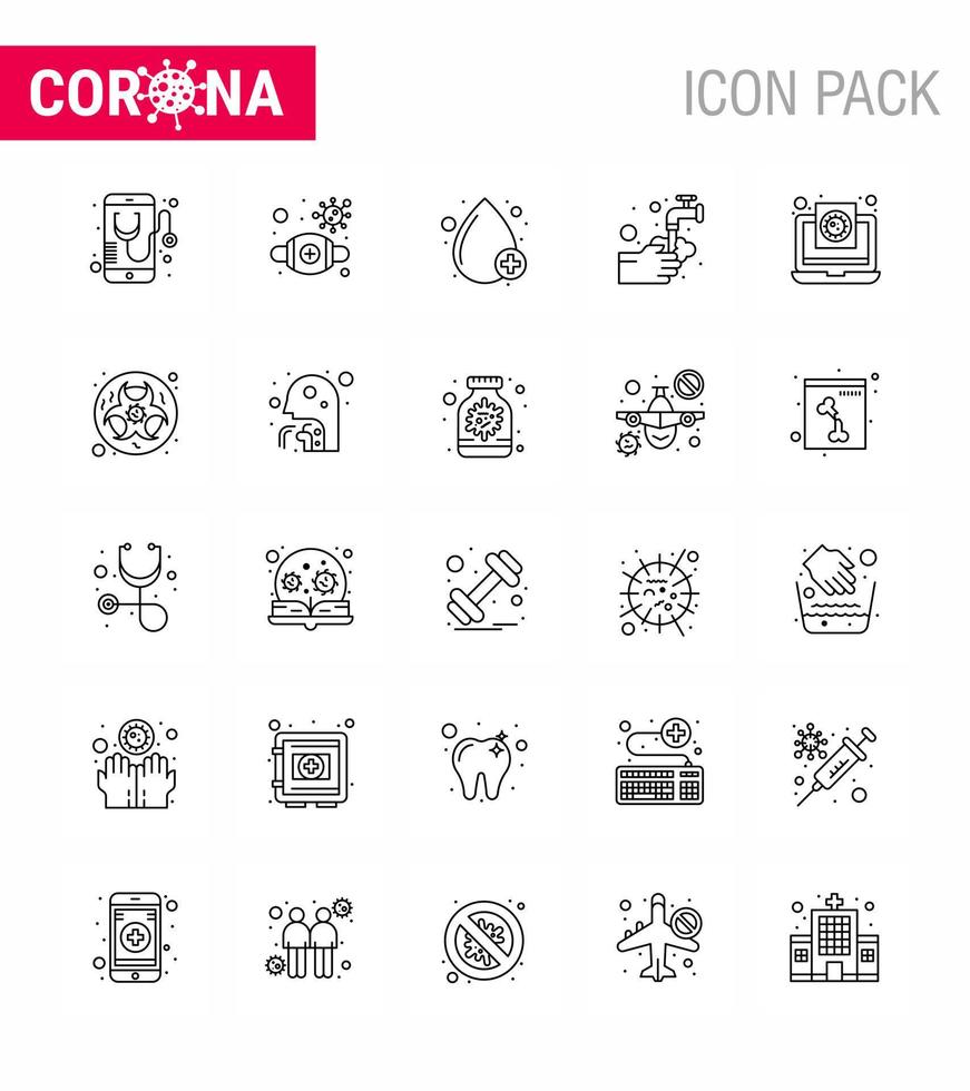 Corona virus 2019 and 2020 epidemic 25 line icon pack such as water medical safety hands type viral coronavirus 2019nov disease Vector Design Elements