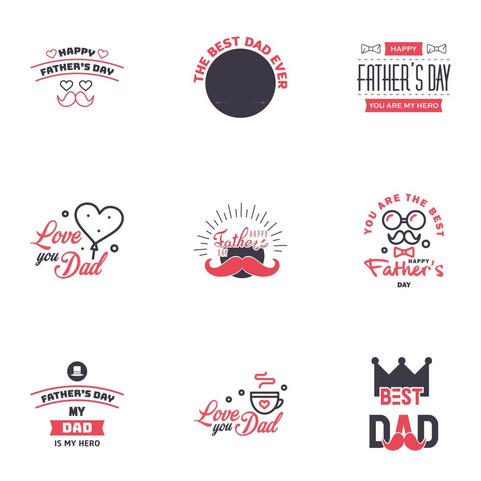 9 Black and Pink Set of Vector Happy fathers day Typography Vintage Icons Lettering for greeting cards banners tshirt design Fathers Day Editable Vector Design Elements