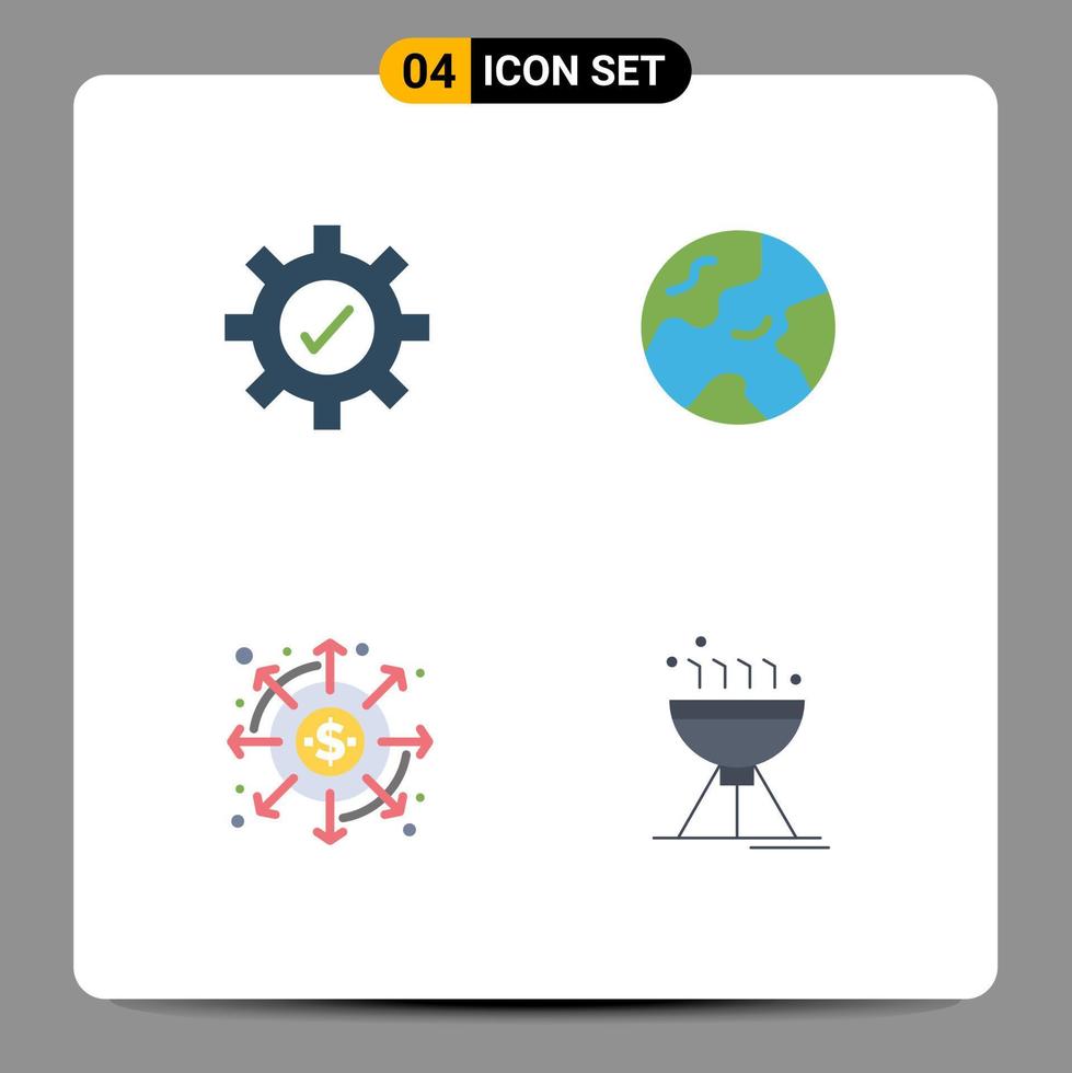 Group of 4 Flat Icons Signs and Symbols for gear money earth distribution cooking bbq Editable Vector Design Elements